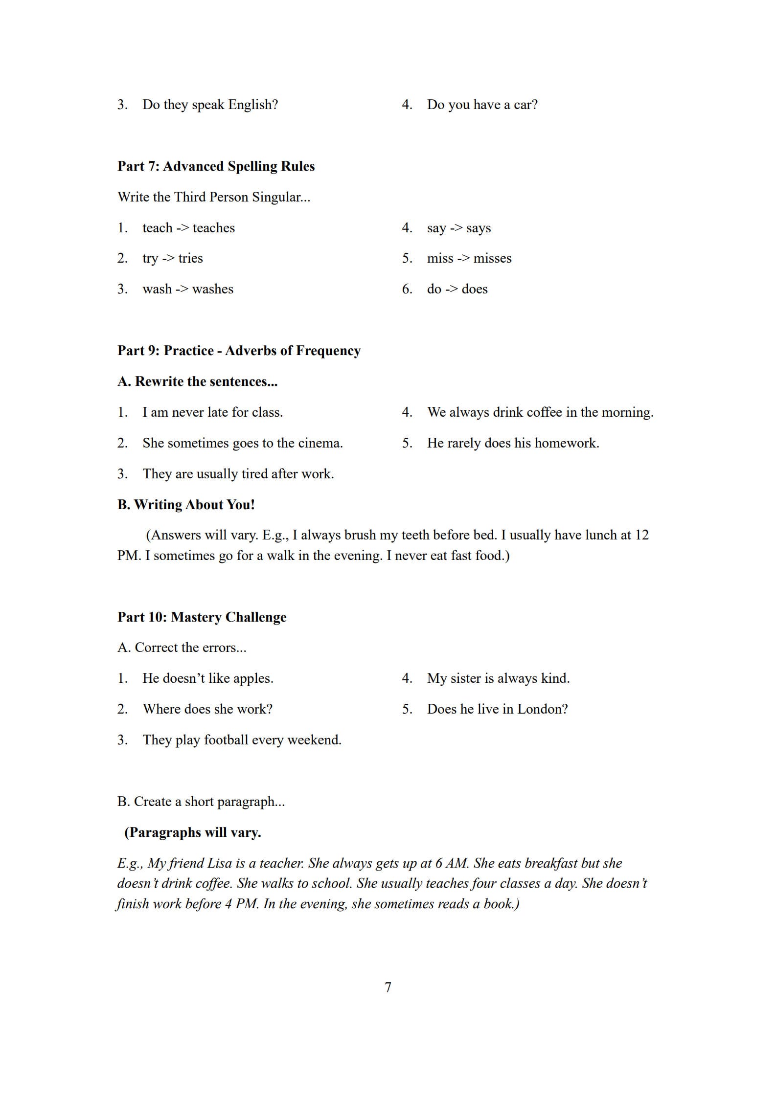 Simple Present Tense Worksheet 7
