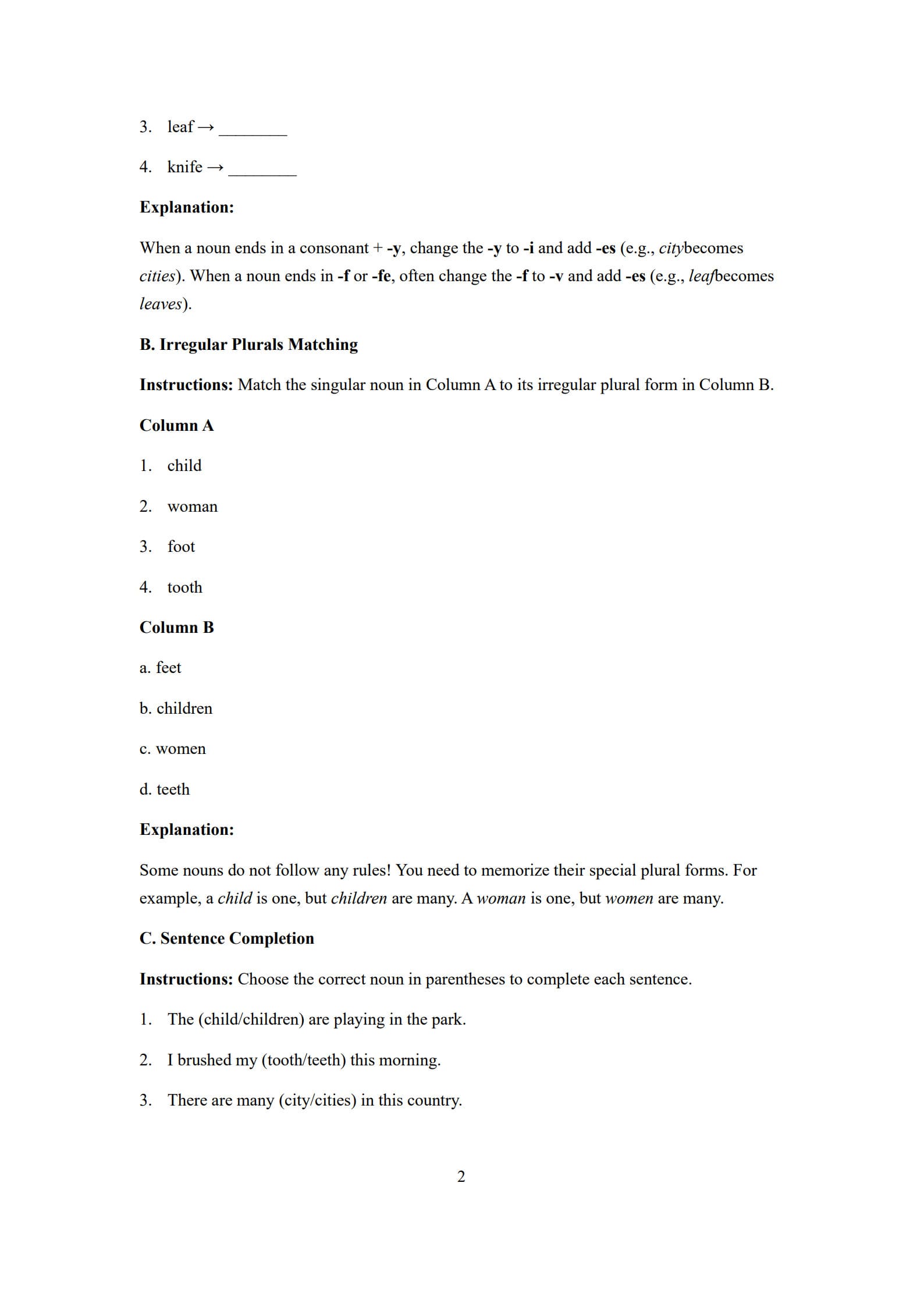 Singular and Plural Nouns Worksheet 2