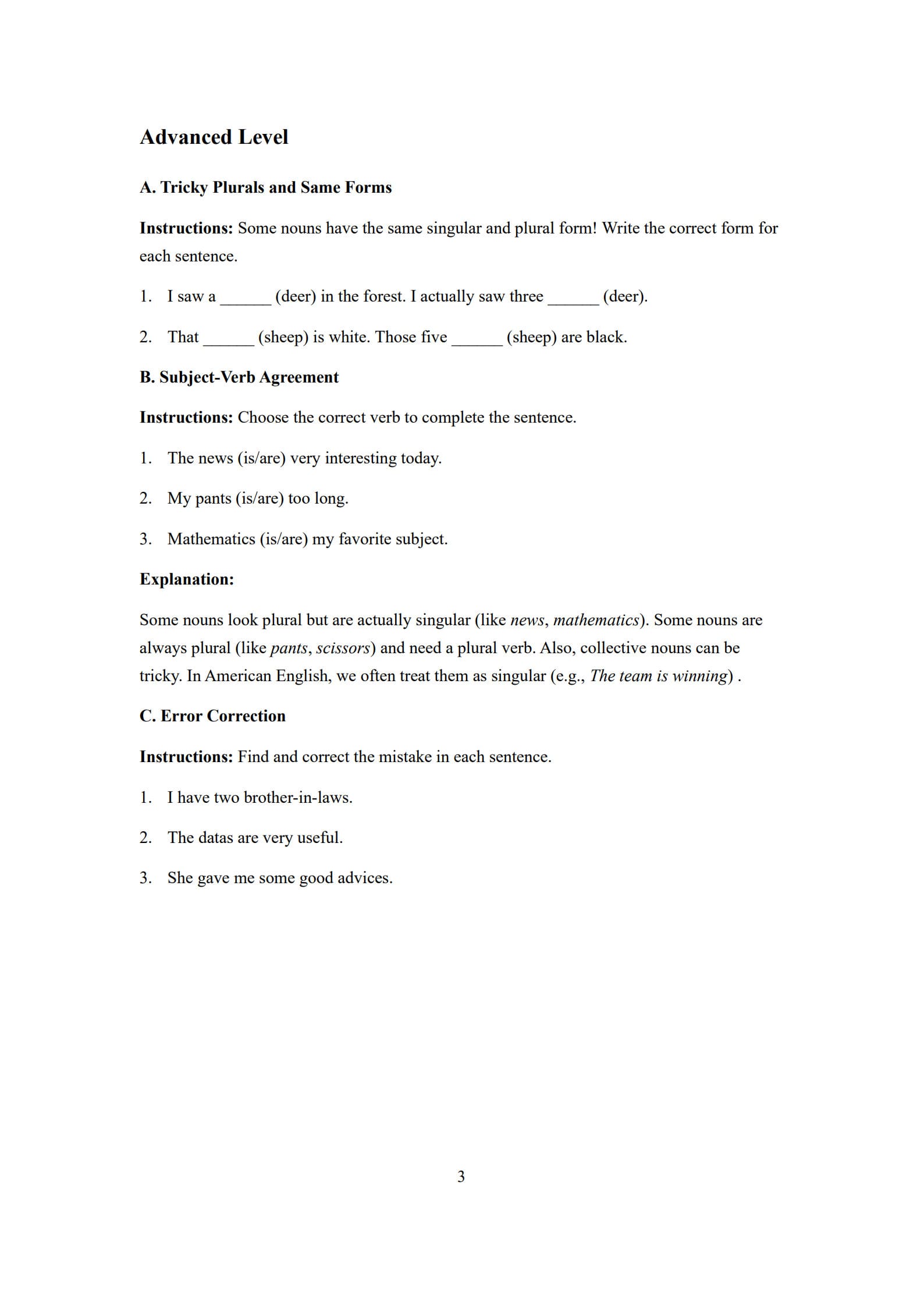 Singular and Plural Nouns Worksheet 3