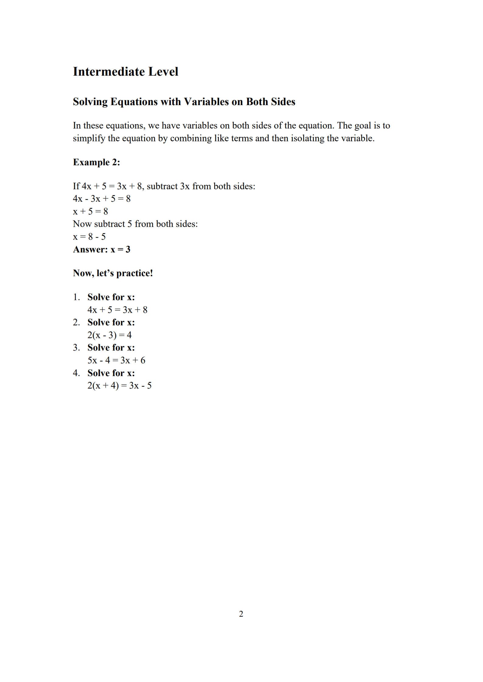 Solving Equations Worksheet 2