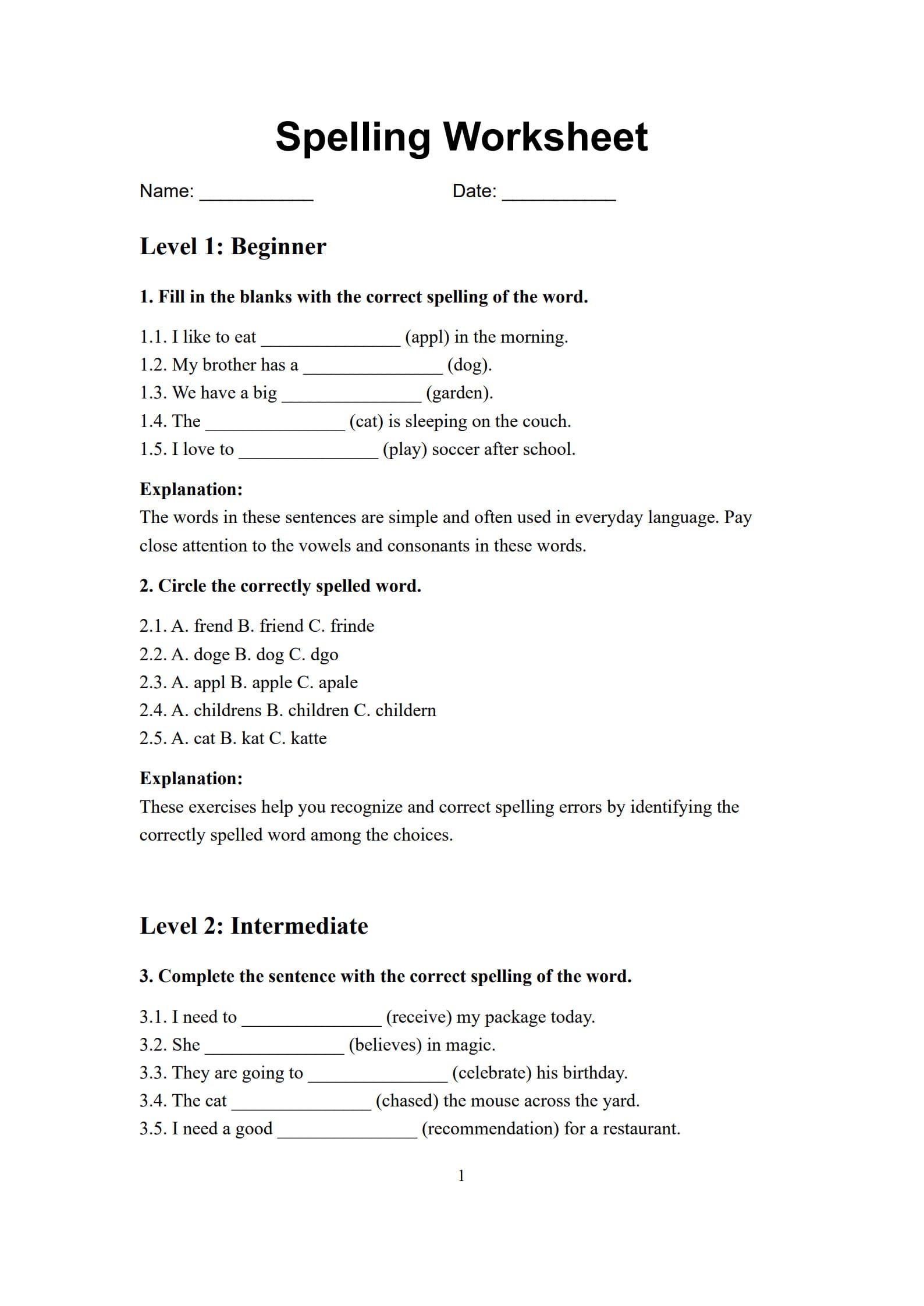 Spelling Worksheet 1