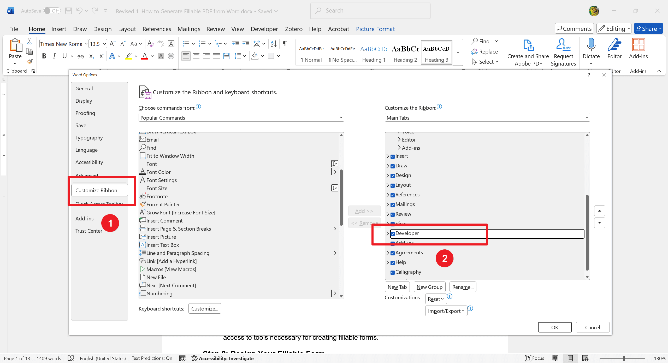 Step 1: Enable the Developer Tab in Word