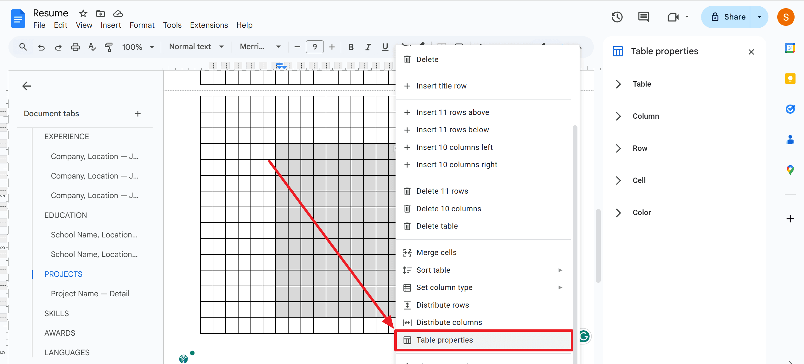 Step 2: Customize Tables for a Fillable Form in Google Docs