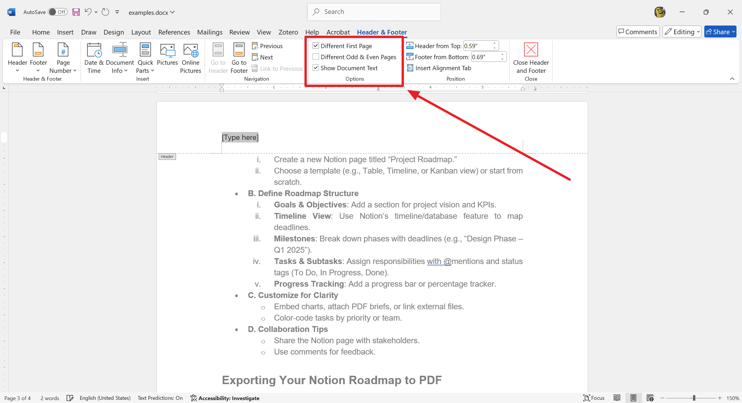 Step 2: Different First Page Setting