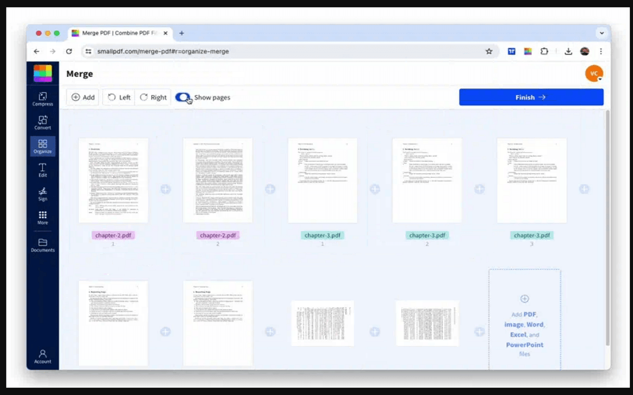 Step 2. Upload PDFs: Click the “Choose Files” button or drag and drop the PDF files you want to merge into the upload area.
