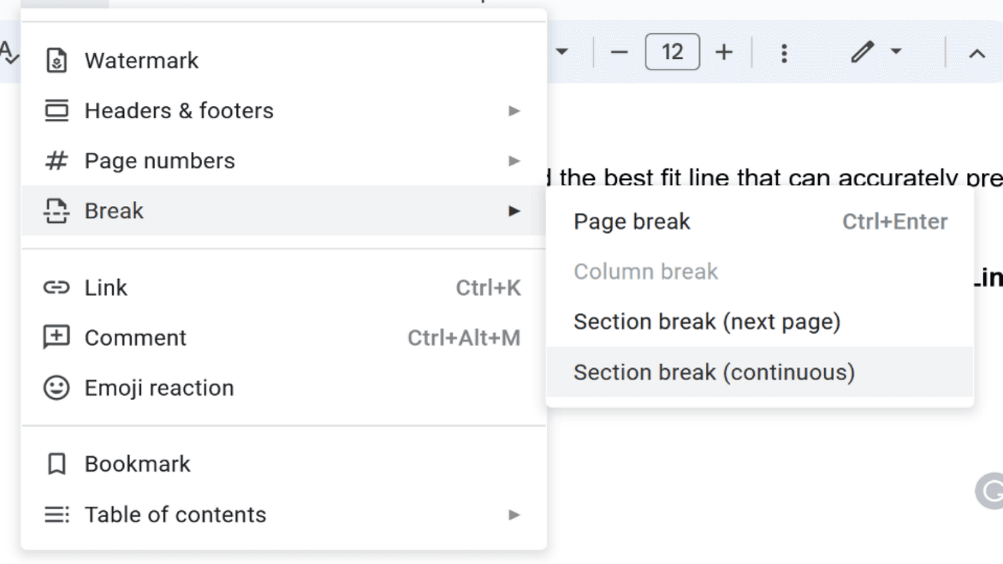 Step 3: Select Break and Choose Section Break (Next Page or Continuous)