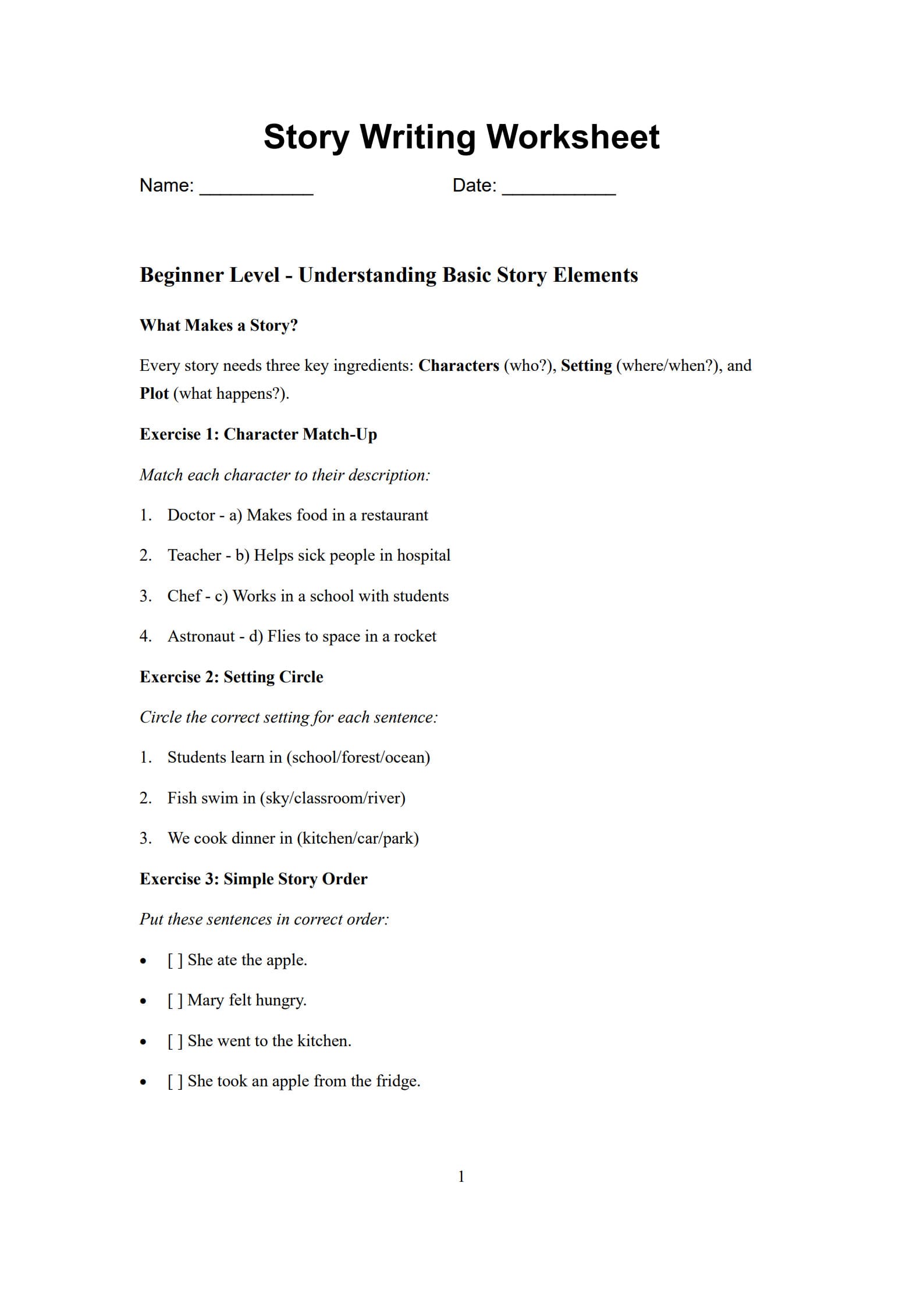 Story Writing Worksheet 1