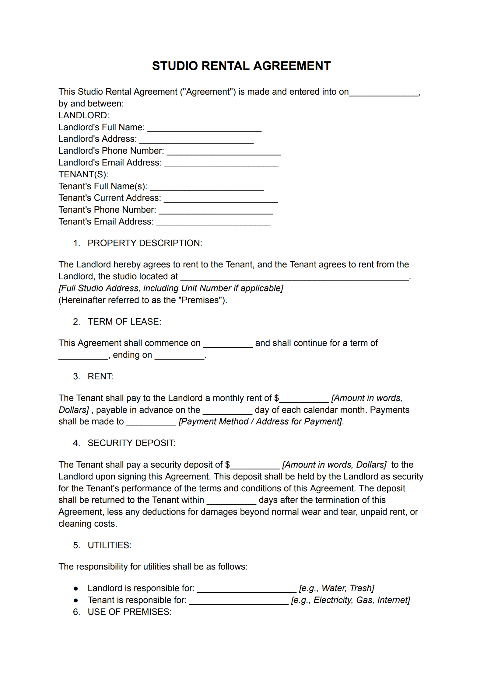 Studio Rental Agreement Templates_page_1
