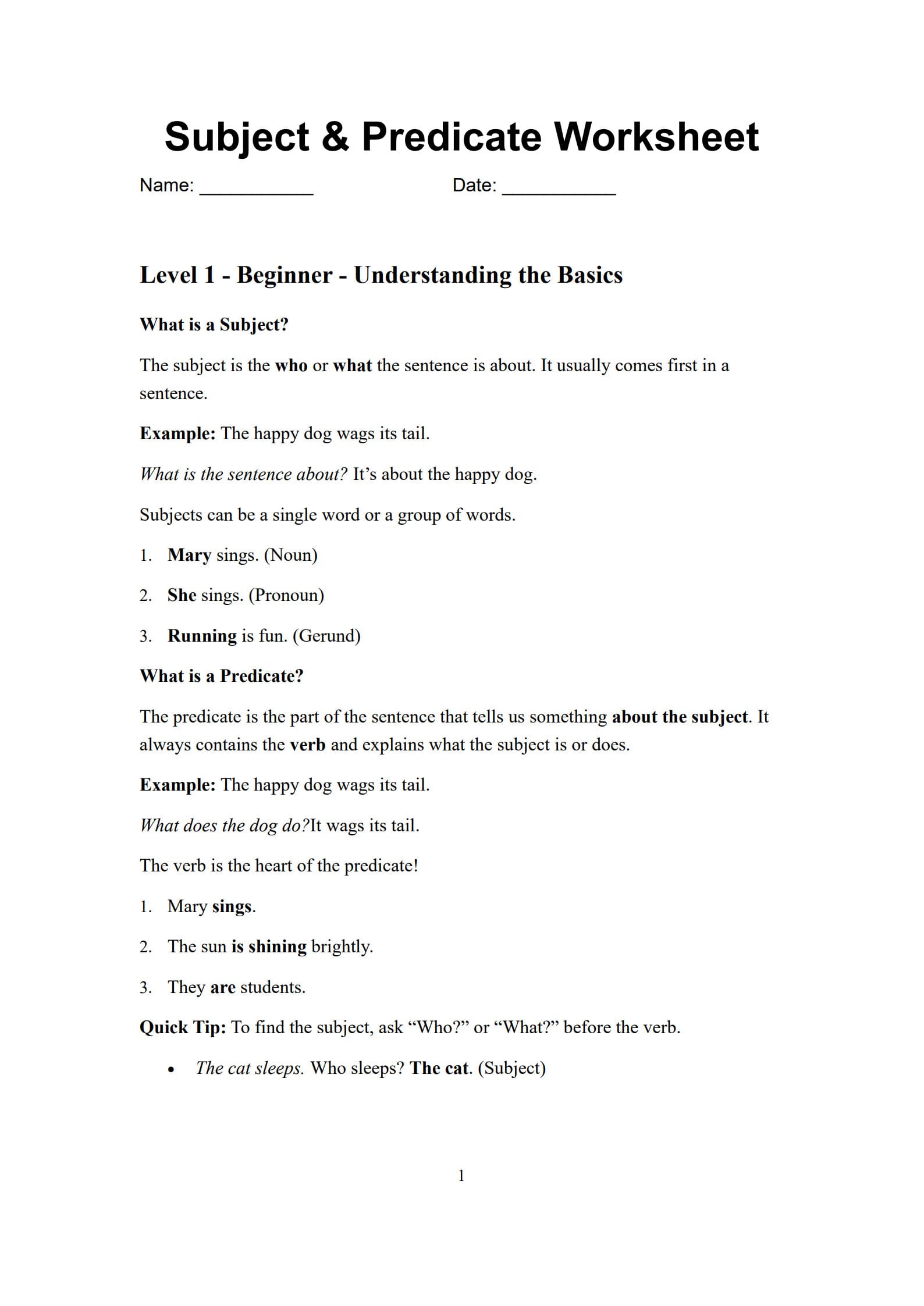 Subject and Predicate Worksheet​ 1