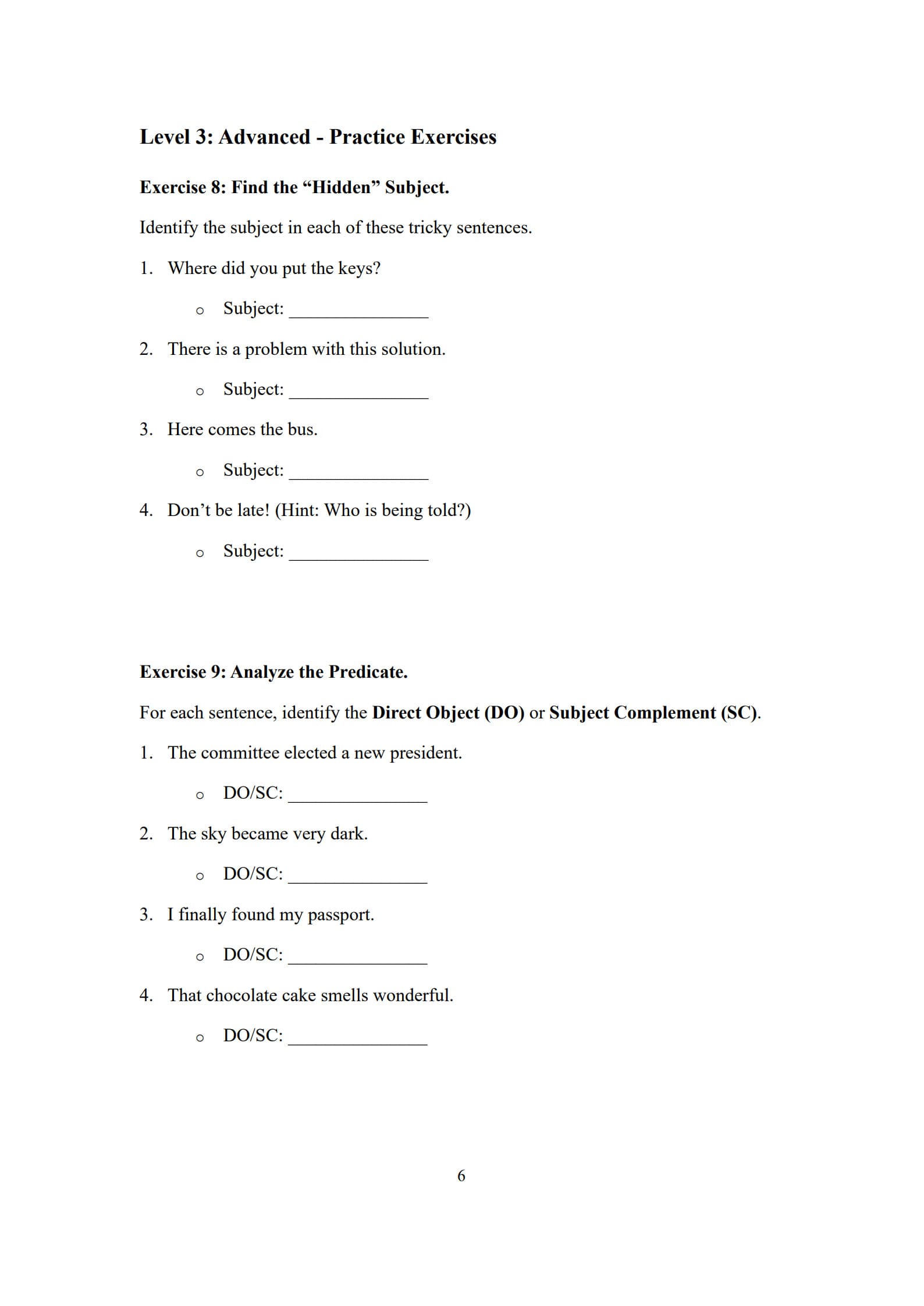 Subject and Predicate Worksheet​ 6