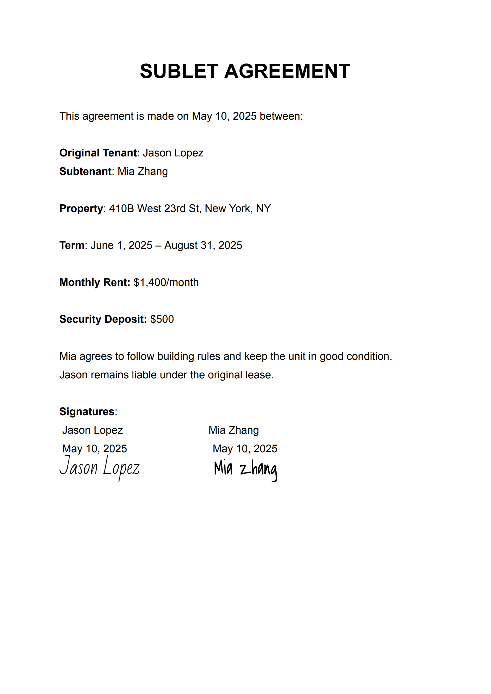Sublet Agreement Example