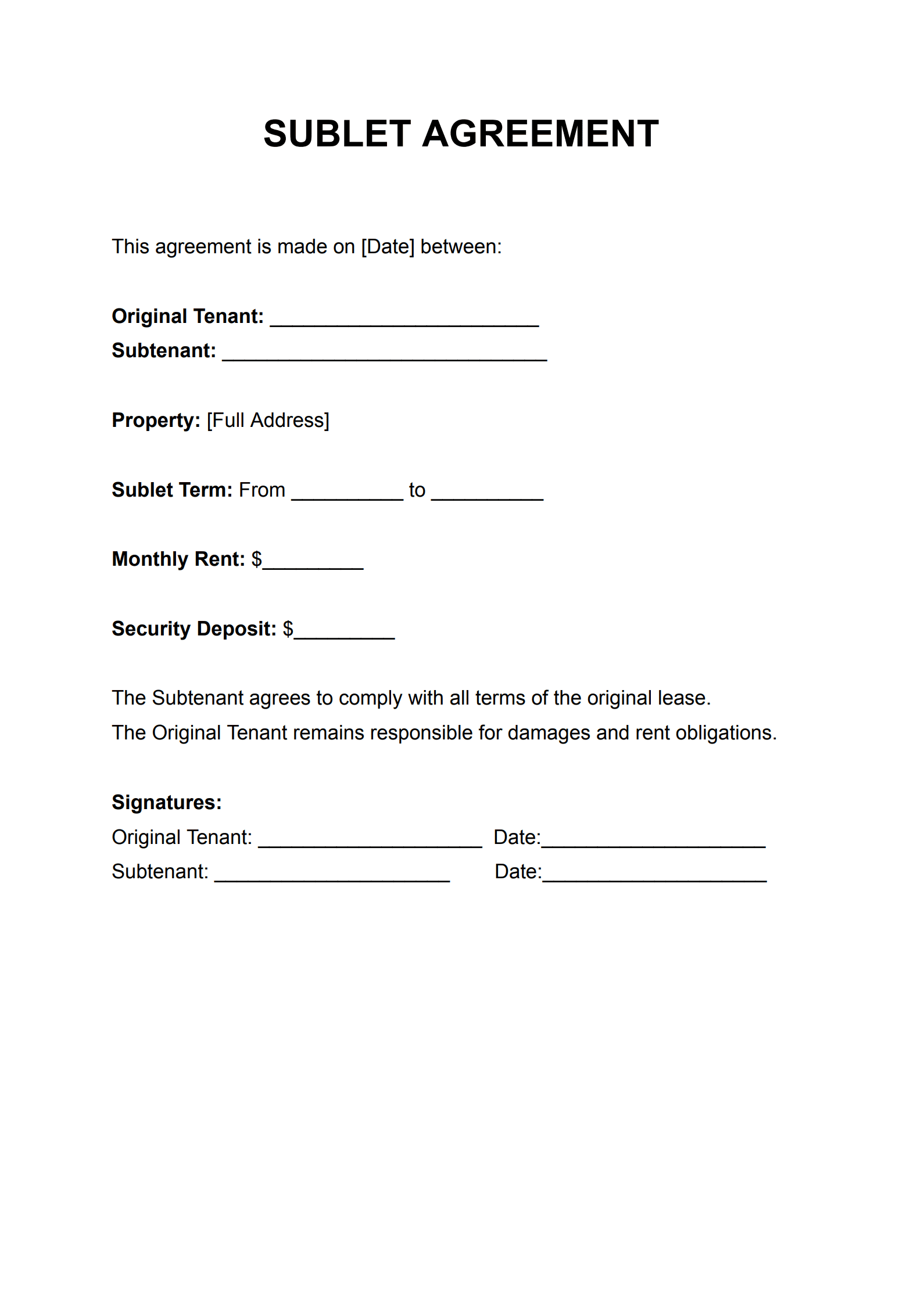 Sublet Agreement Template