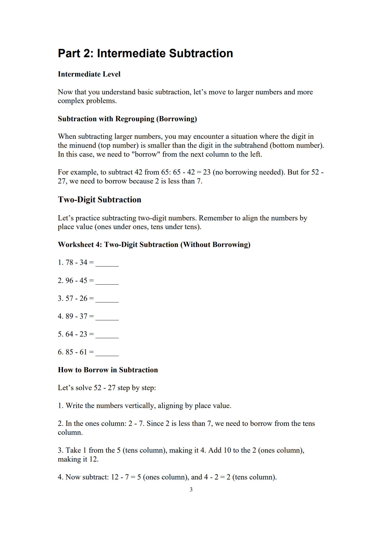 Subtraction Worksheets 3