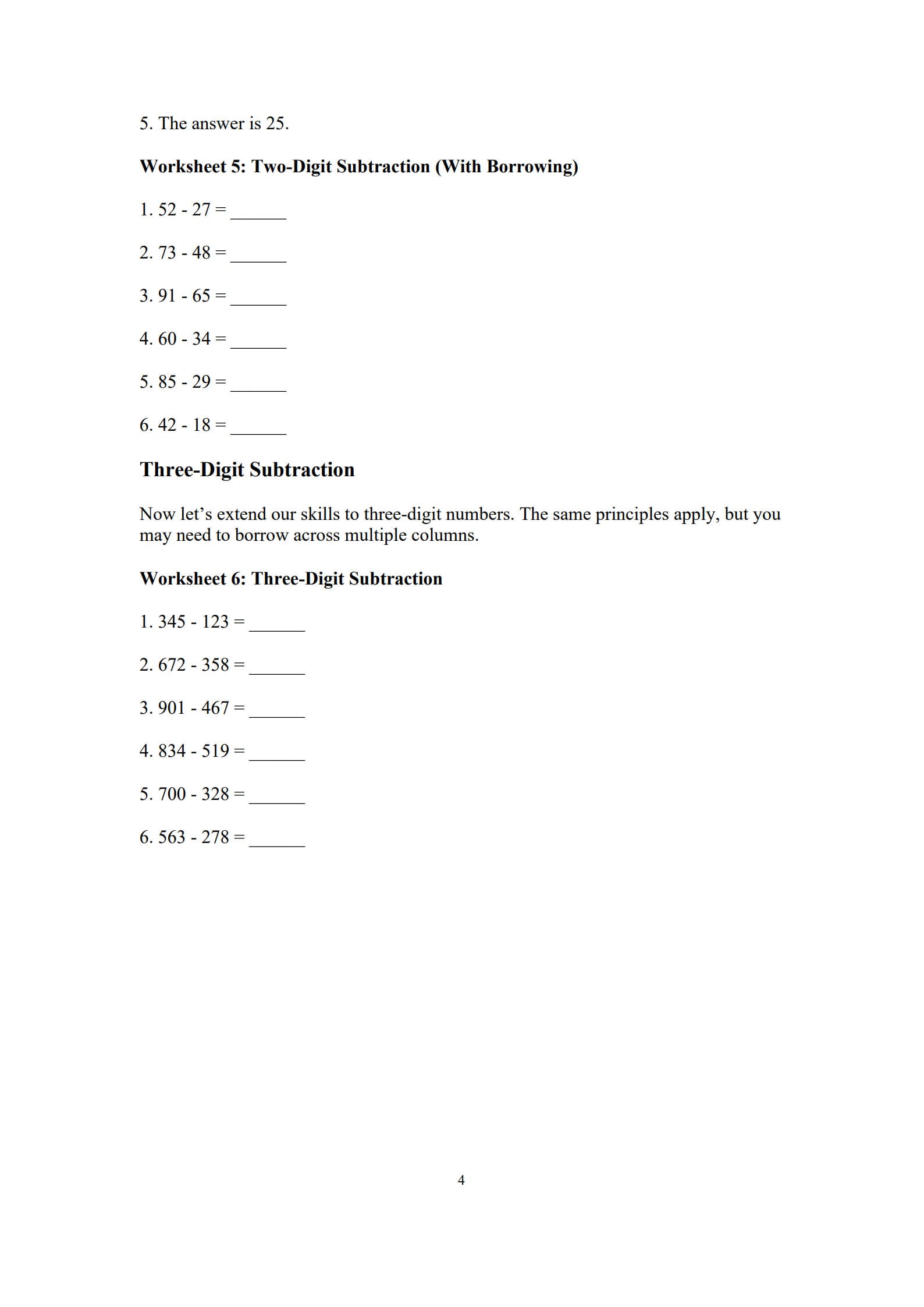Subtraction Worksheets 4