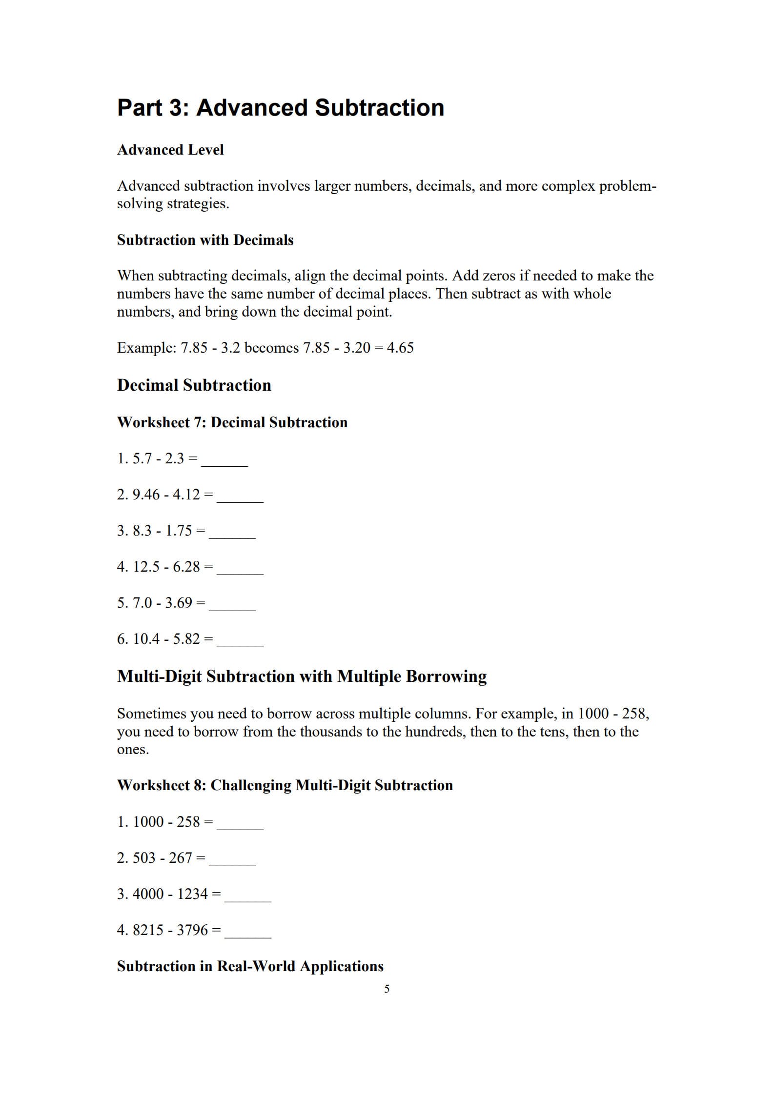 Subtraction Worksheets 5