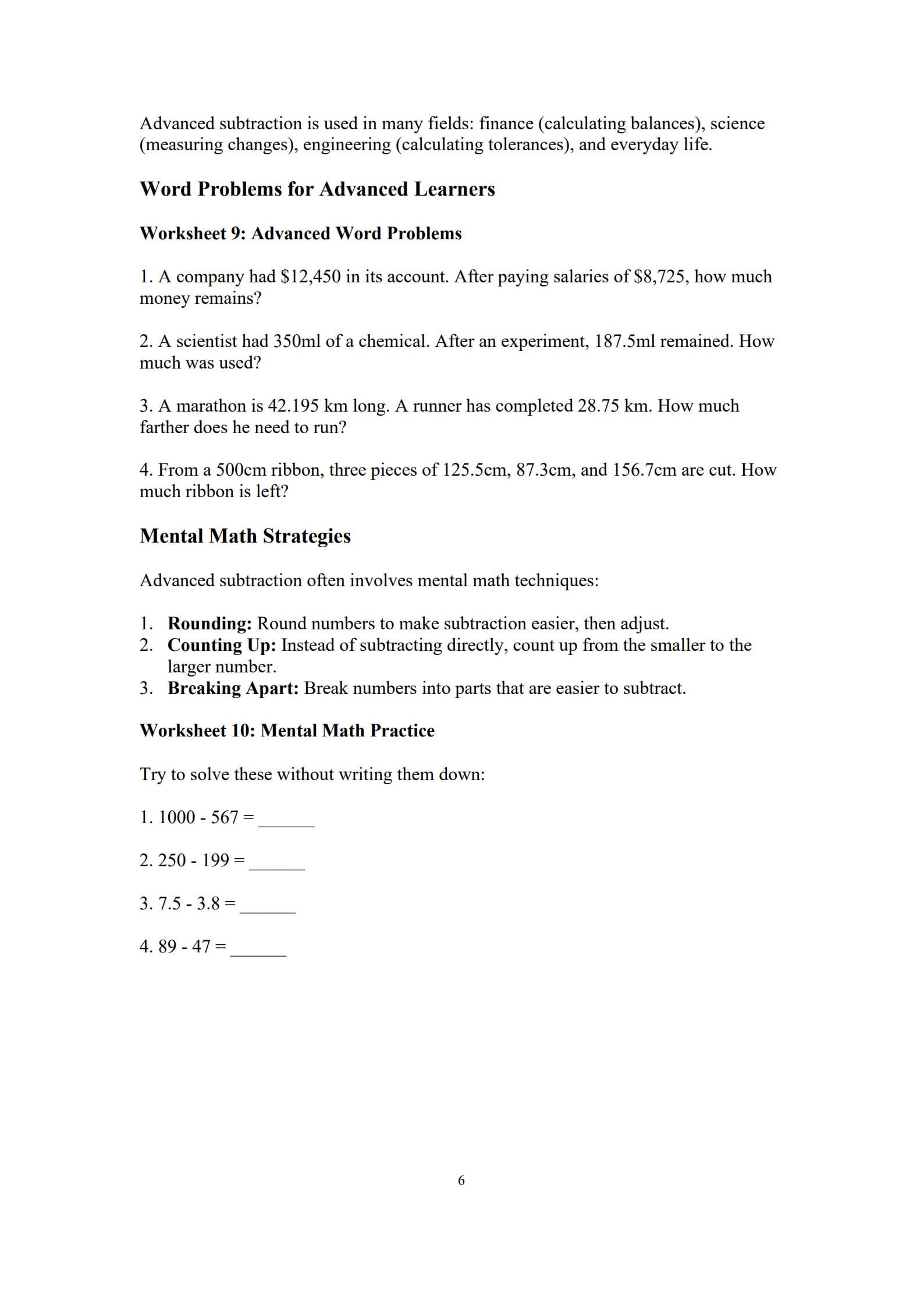 Subtraction Worksheets 6
