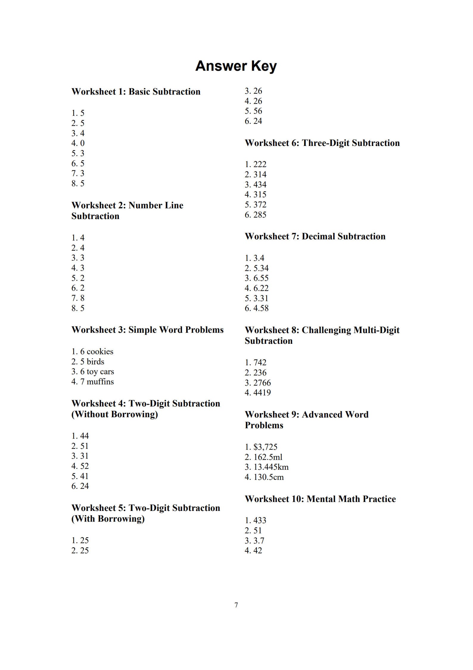 Subtraction Worksheets 7