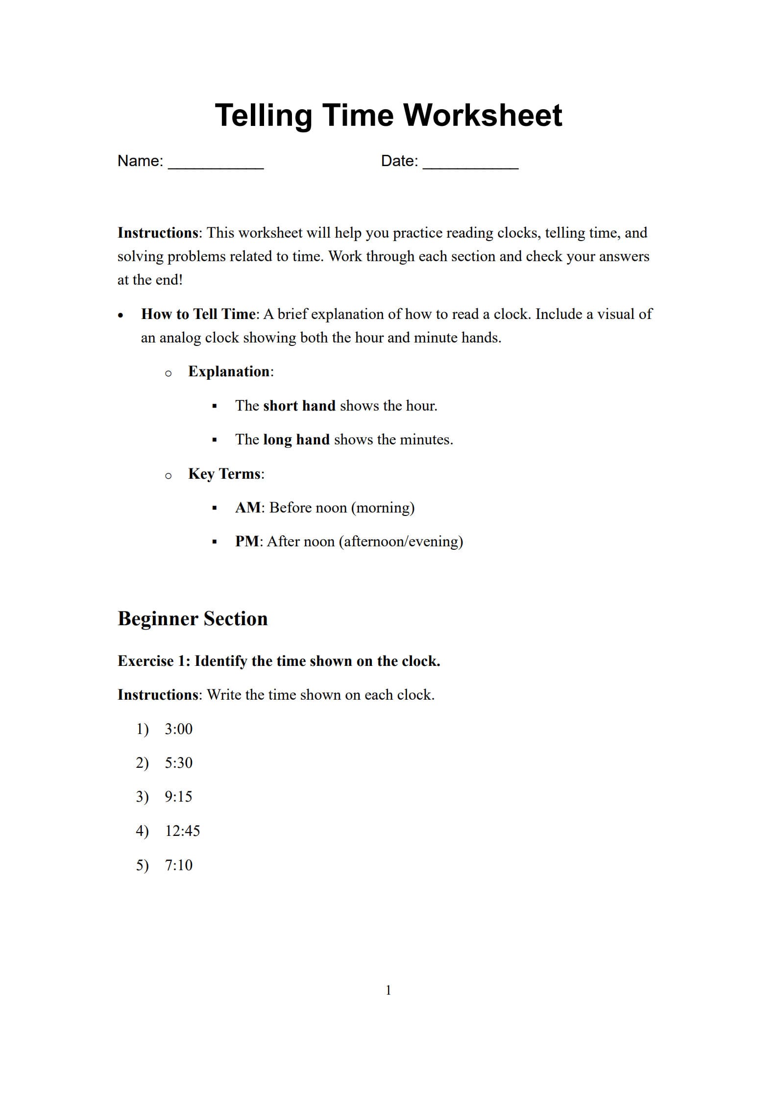 Telling Time Worksheet 1