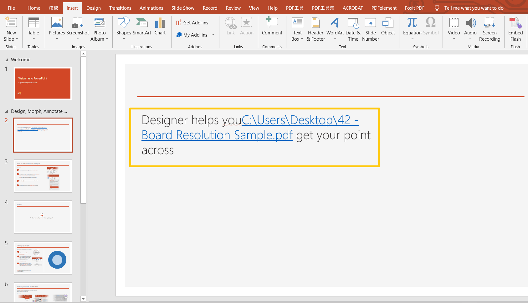 Then press Ctrl + Click, which will showcase your PDF file as a link on the Text in the PowerPoint.png