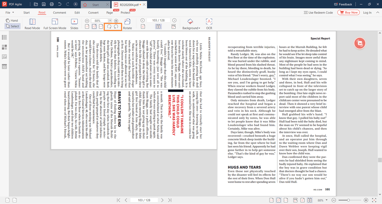 To rotate a page or pages in the current document, use the Clockwise button and Counterclockwise button on the Read tab.png