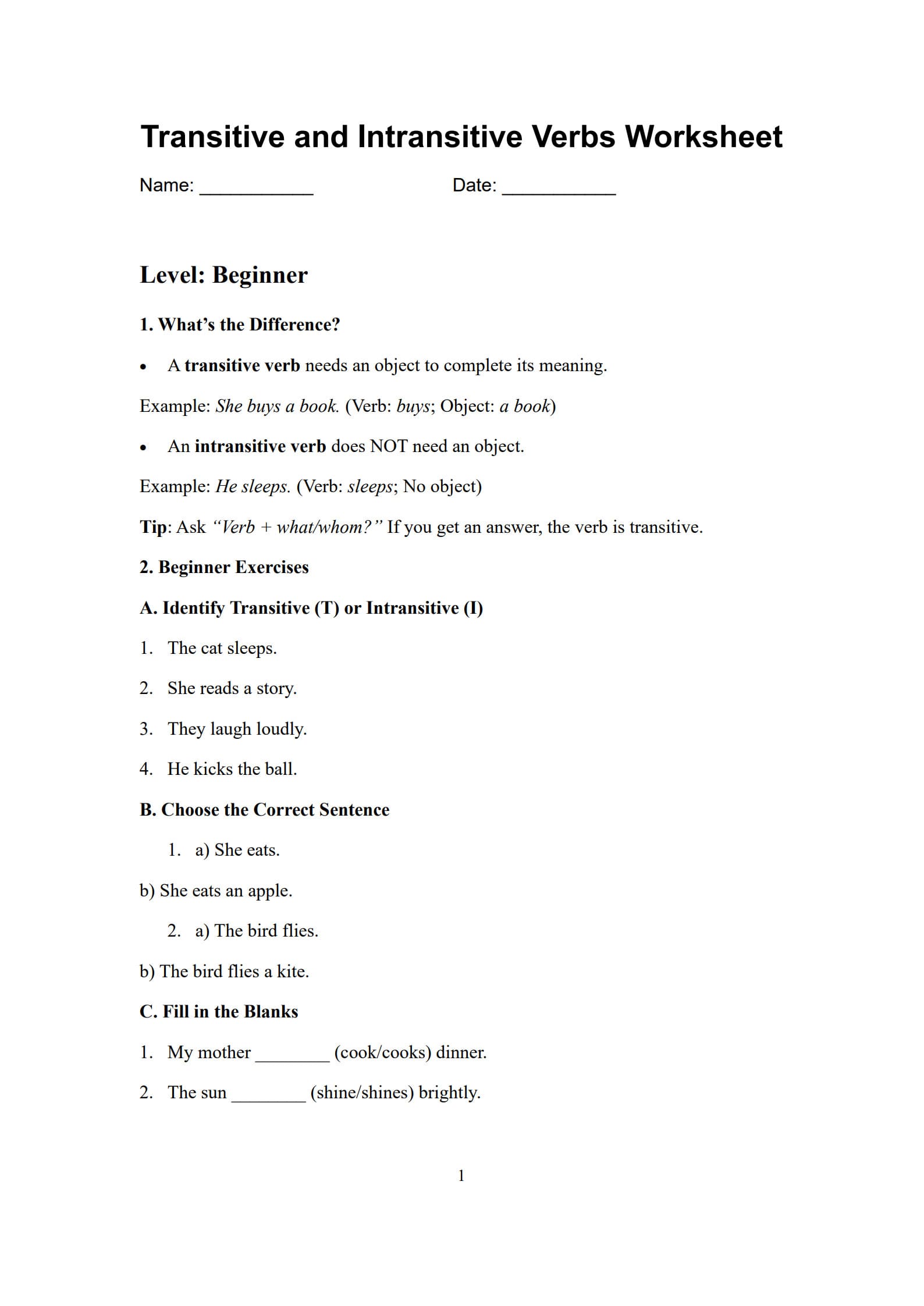 Transitive and Intransitive Verbs Worksheet 1