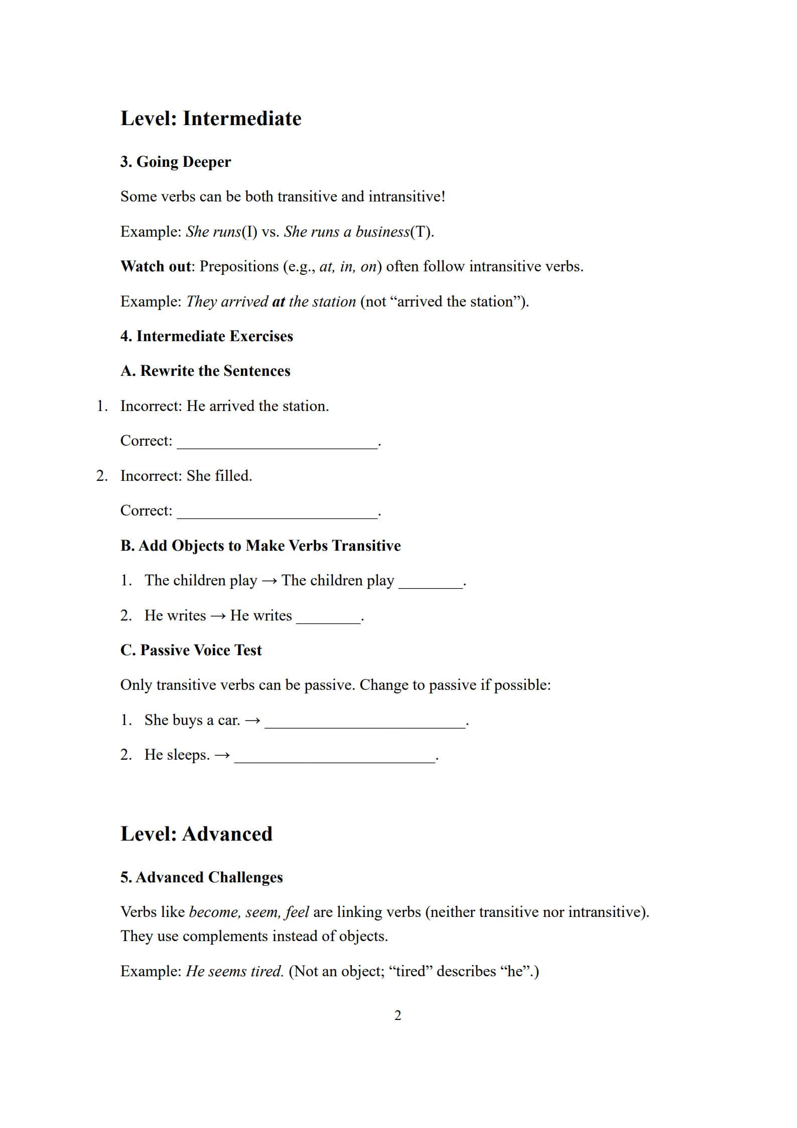 Transitive and Intransitive Verbs Worksheet 2
