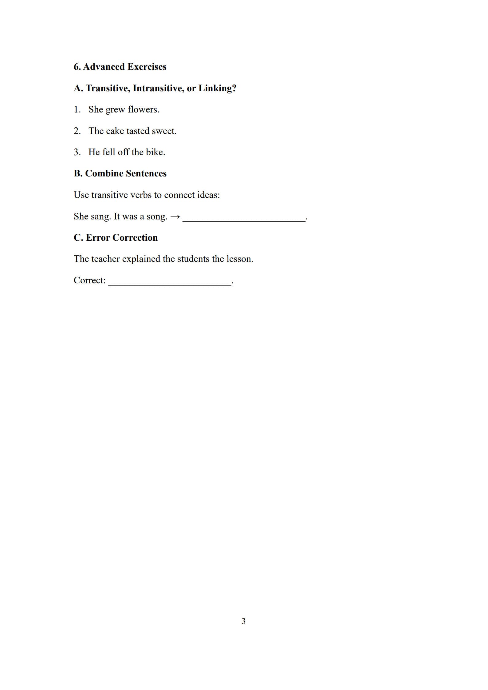 Transitive and Intransitive Verbs Worksheet 3