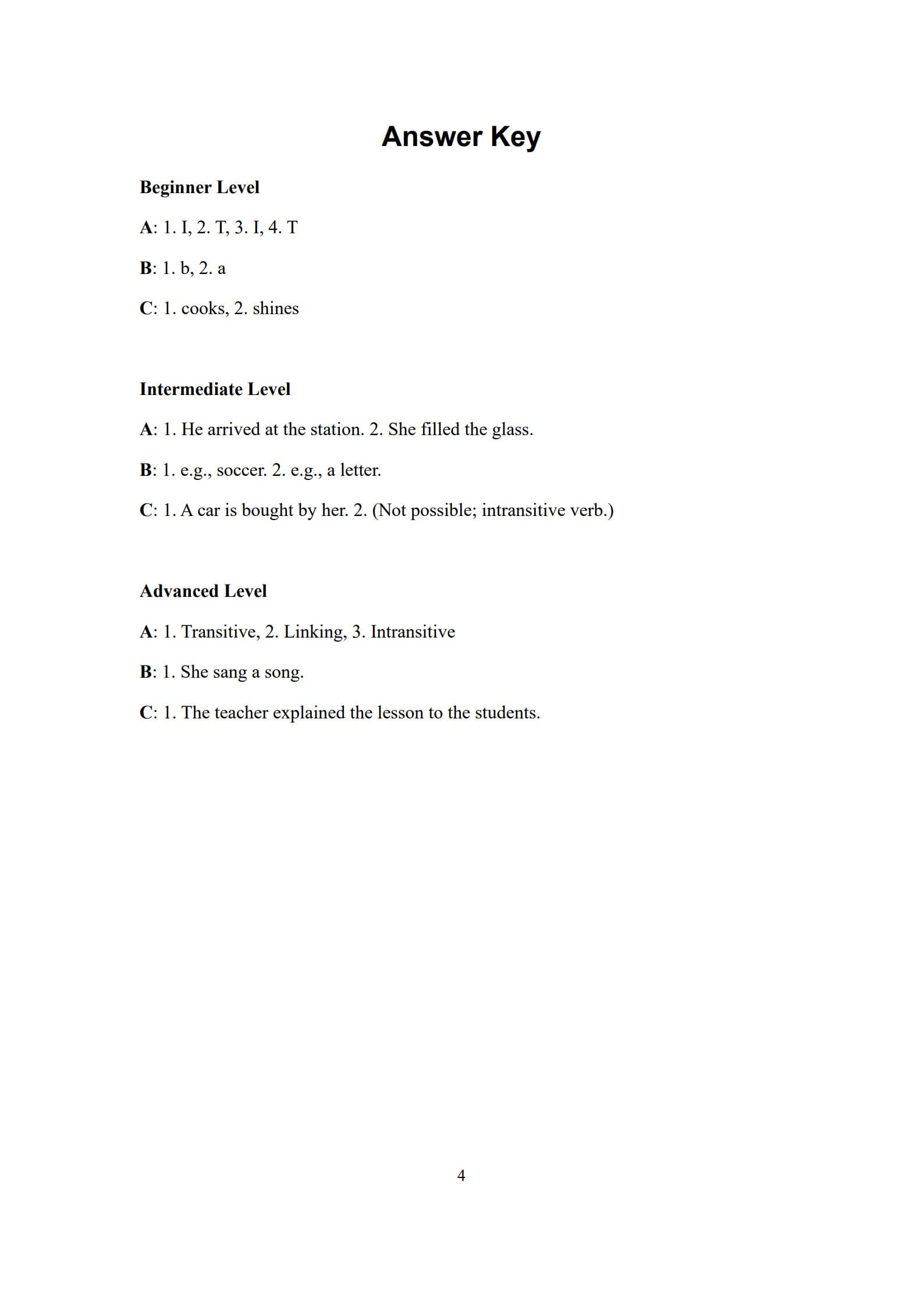 Transitive and Intransitive Verbs Worksheet 4
