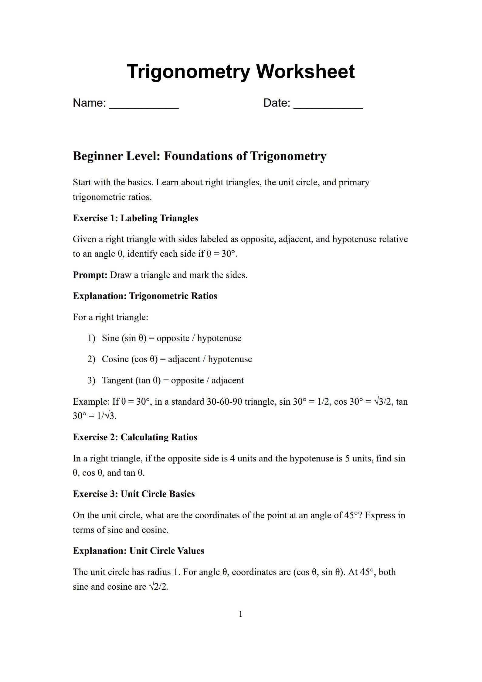 Trigonometry Worksheet 1