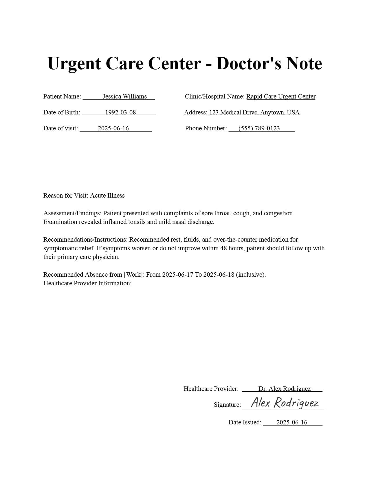 Urgent Care Center - Doctor's Note Examples_1: For Work