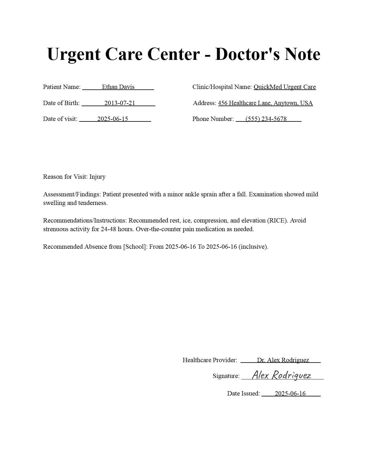 Urgent Care Center - Doctor's Note Examples_2: For School