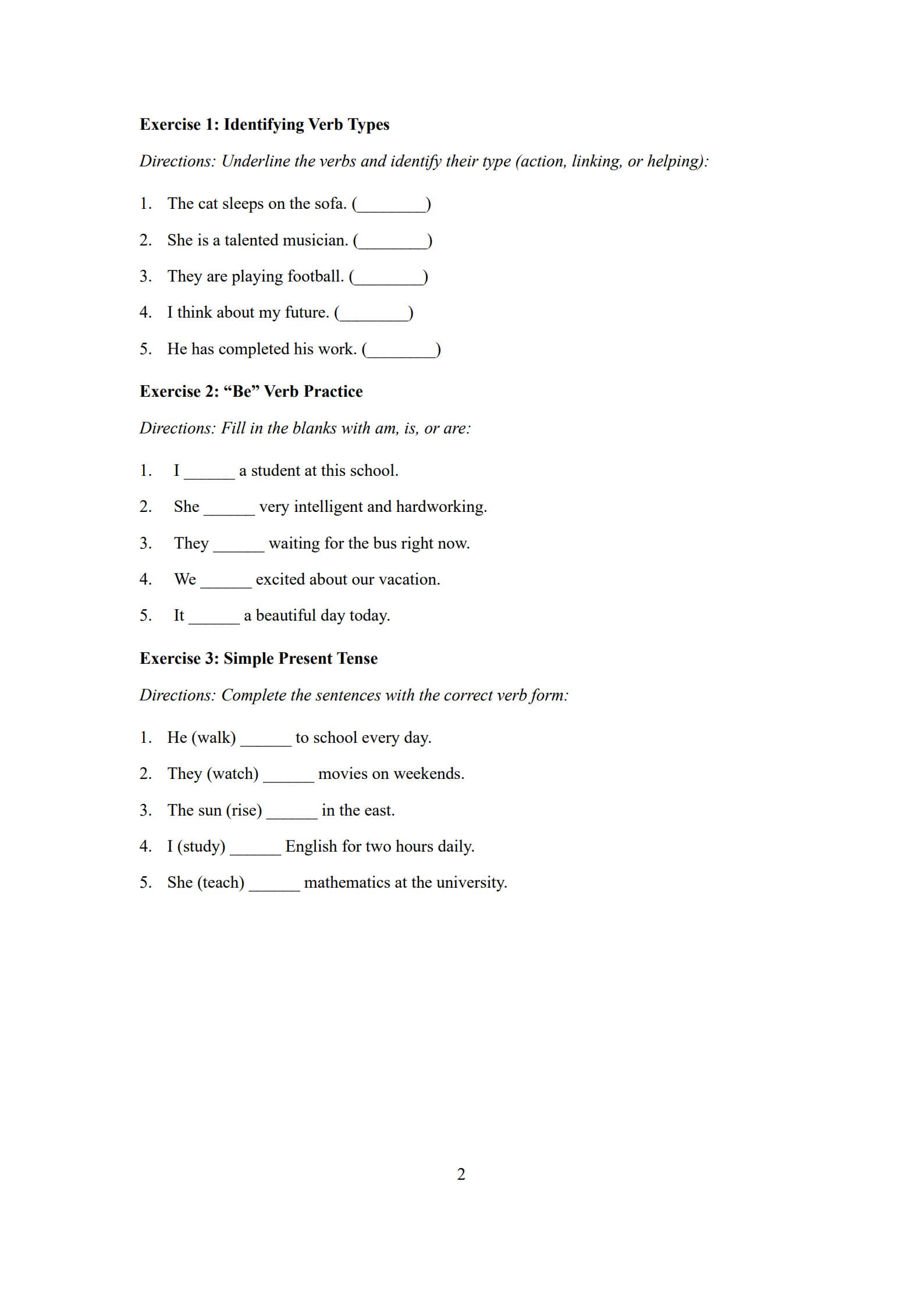 Verb Worksheets 2