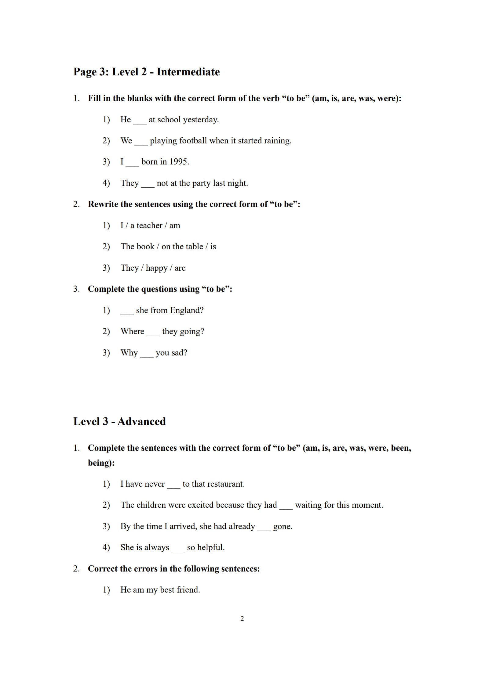 Verb to be Exercises 2