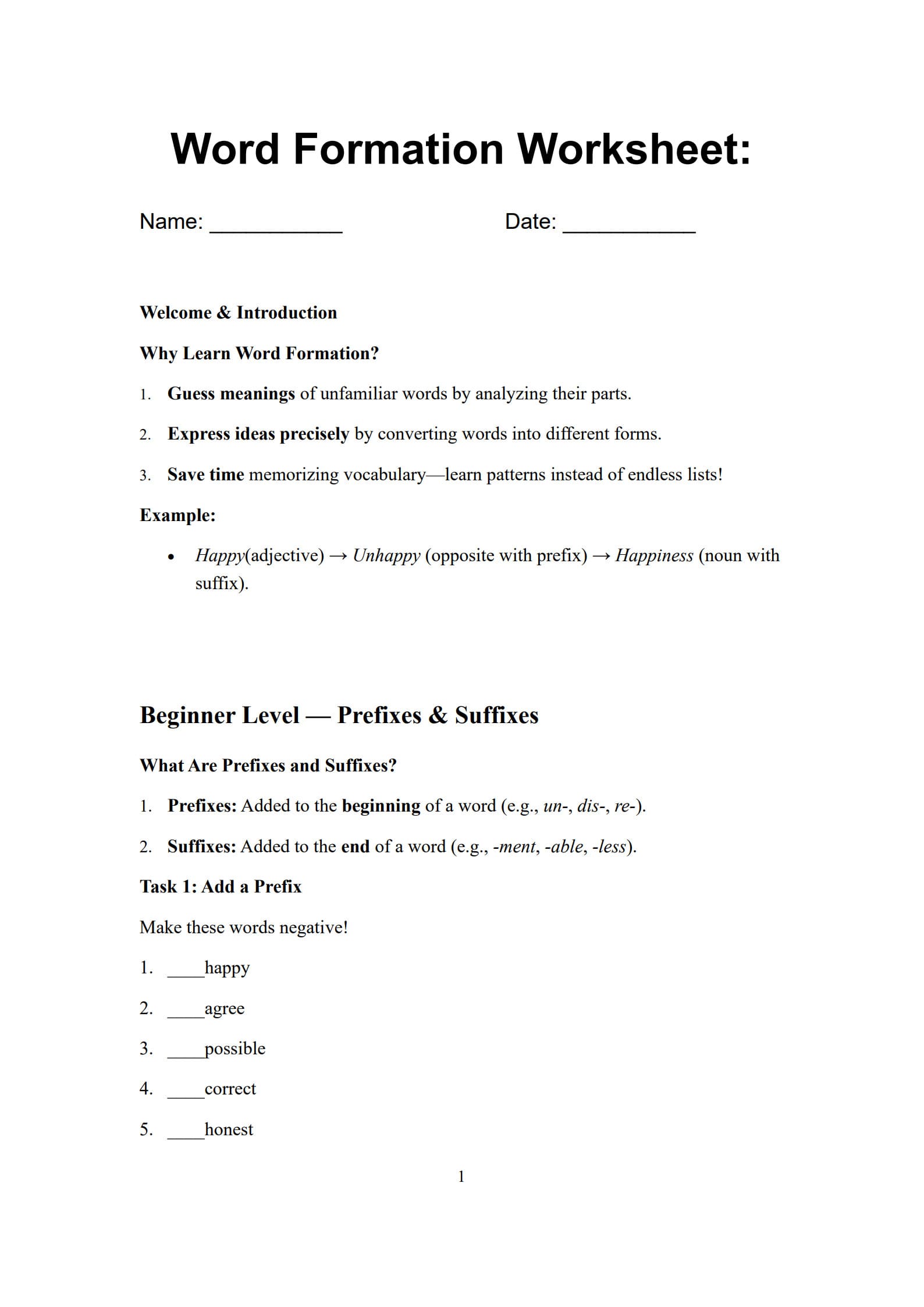 Word Formation Worksheet 1