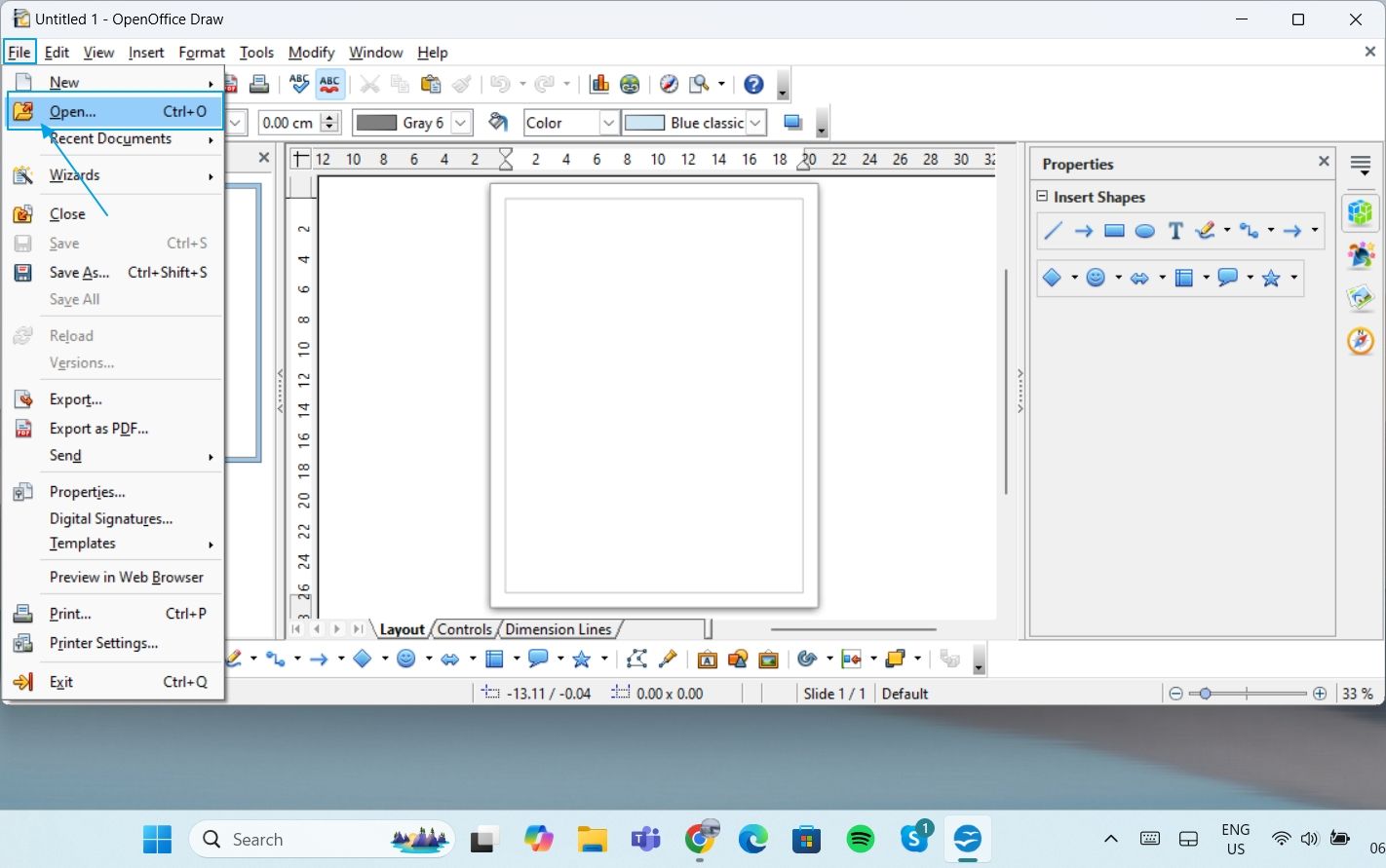 You can import the PDF document by going to the File tab on the blank OpenOffice page.