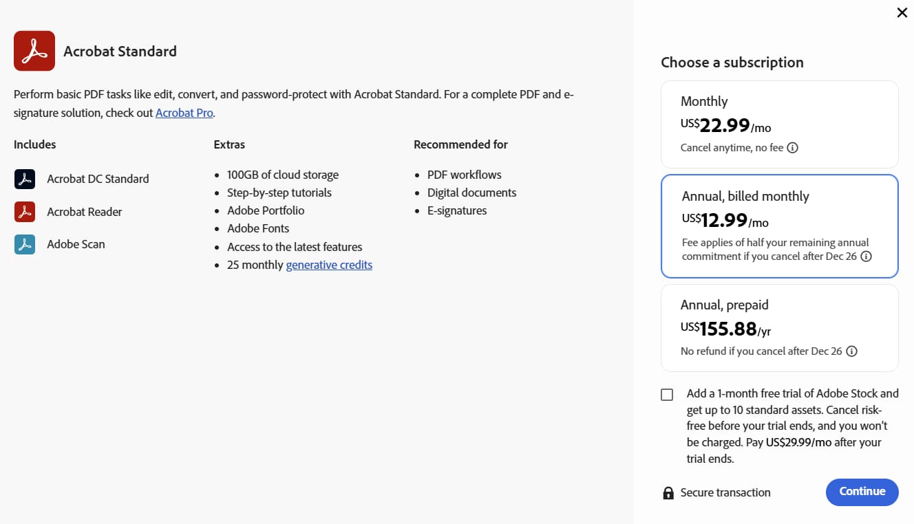 adobe acrobat pricing standard plan