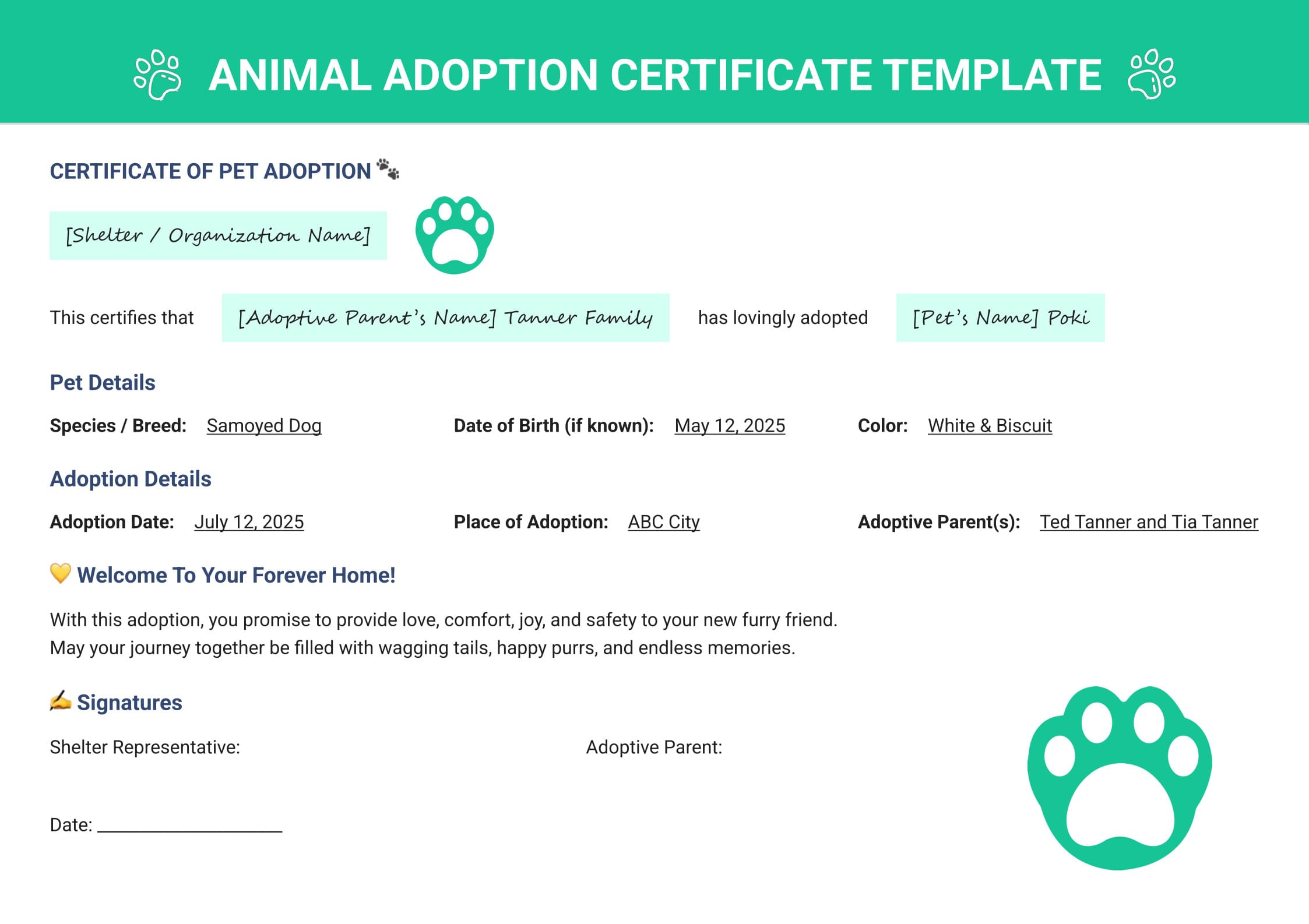 animal adoption certificate template