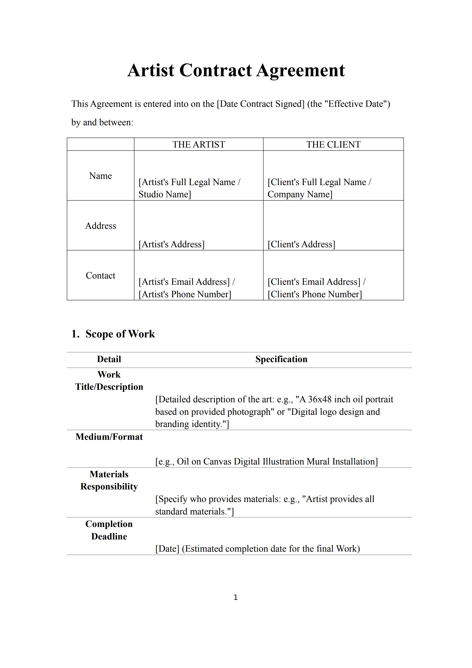 artist contract template