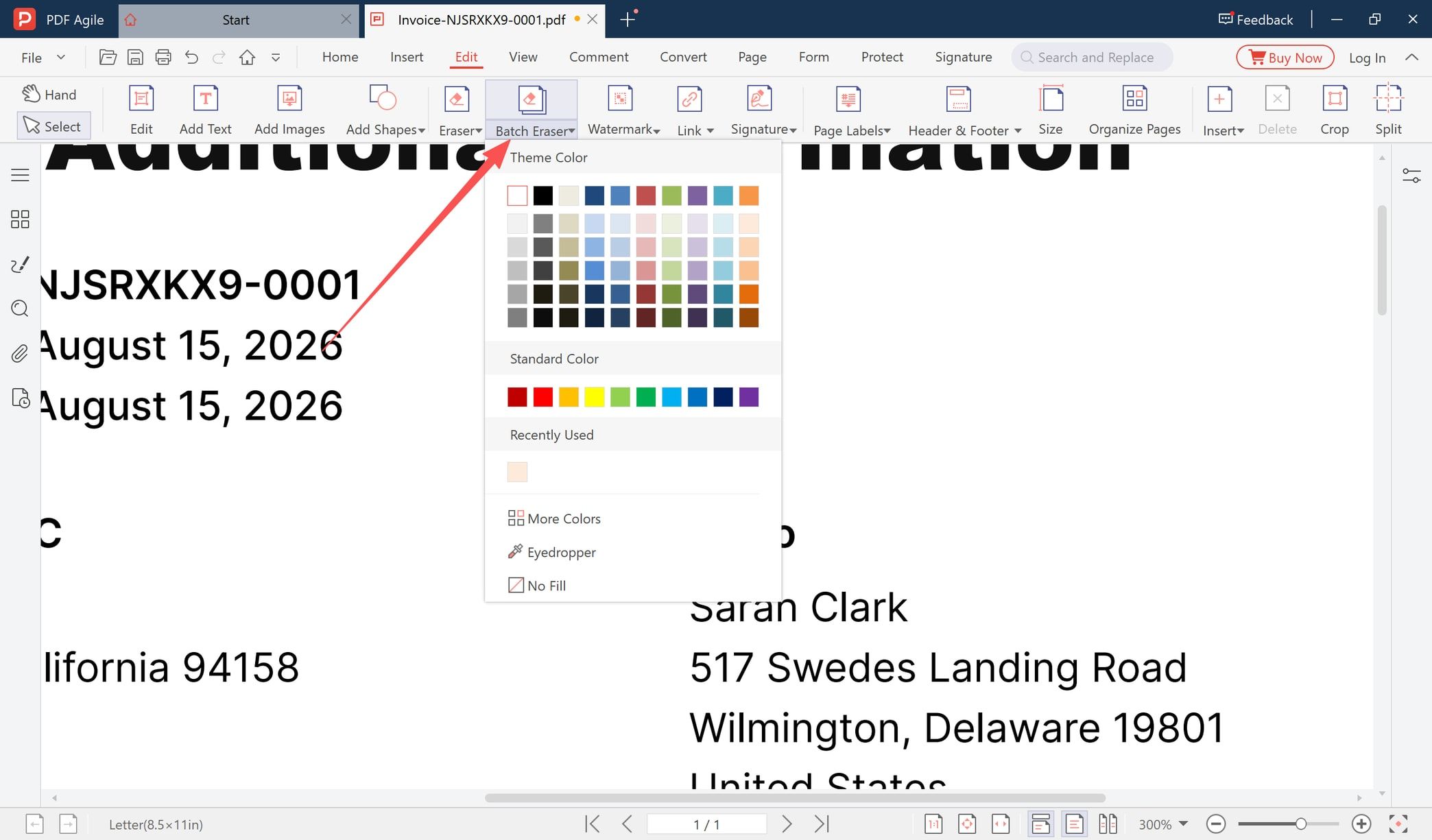 Batch Eraser colour palette open with the white swatch, Standard Color row, Eyedropper and No Fill options