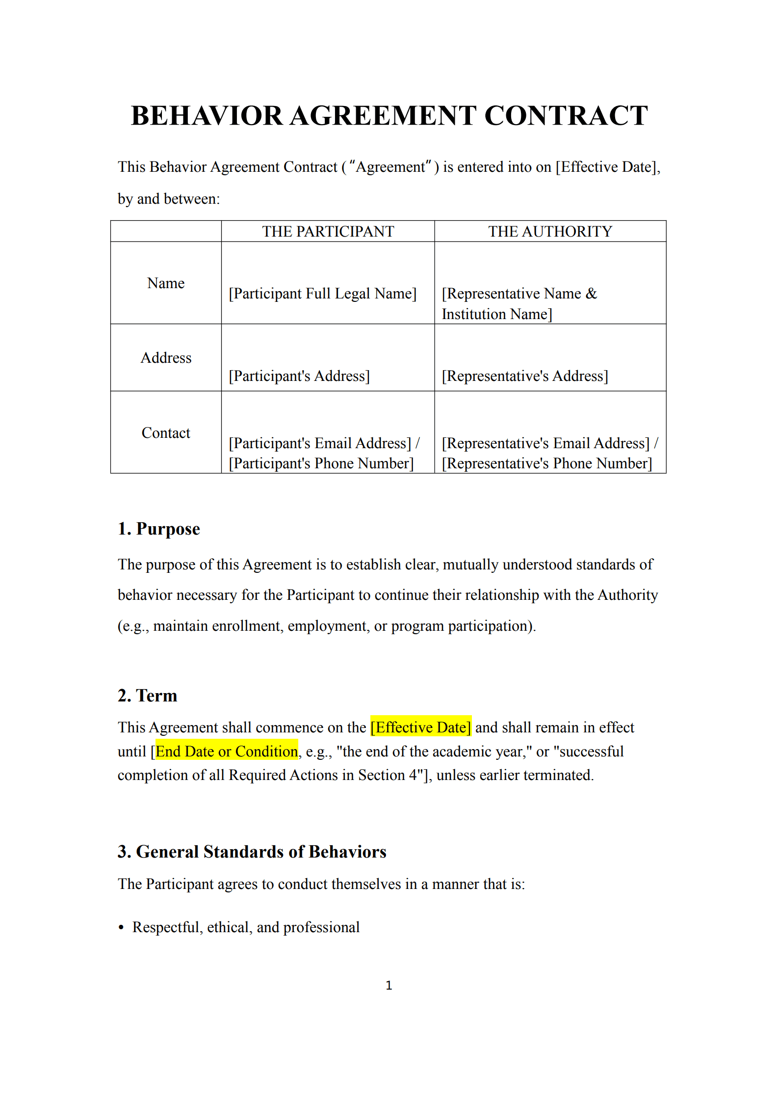 behavior agreement contract