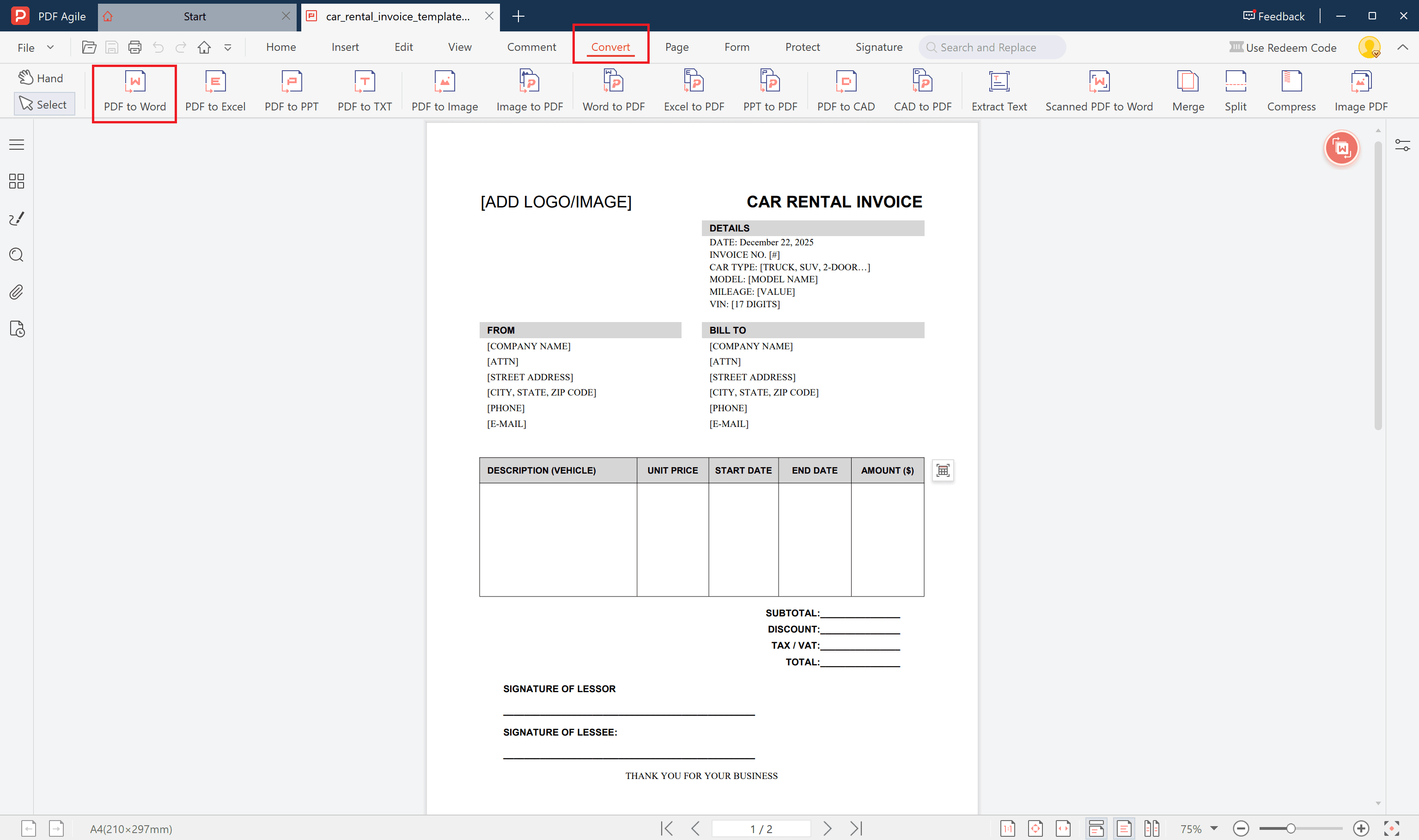 car rental invoice template convert