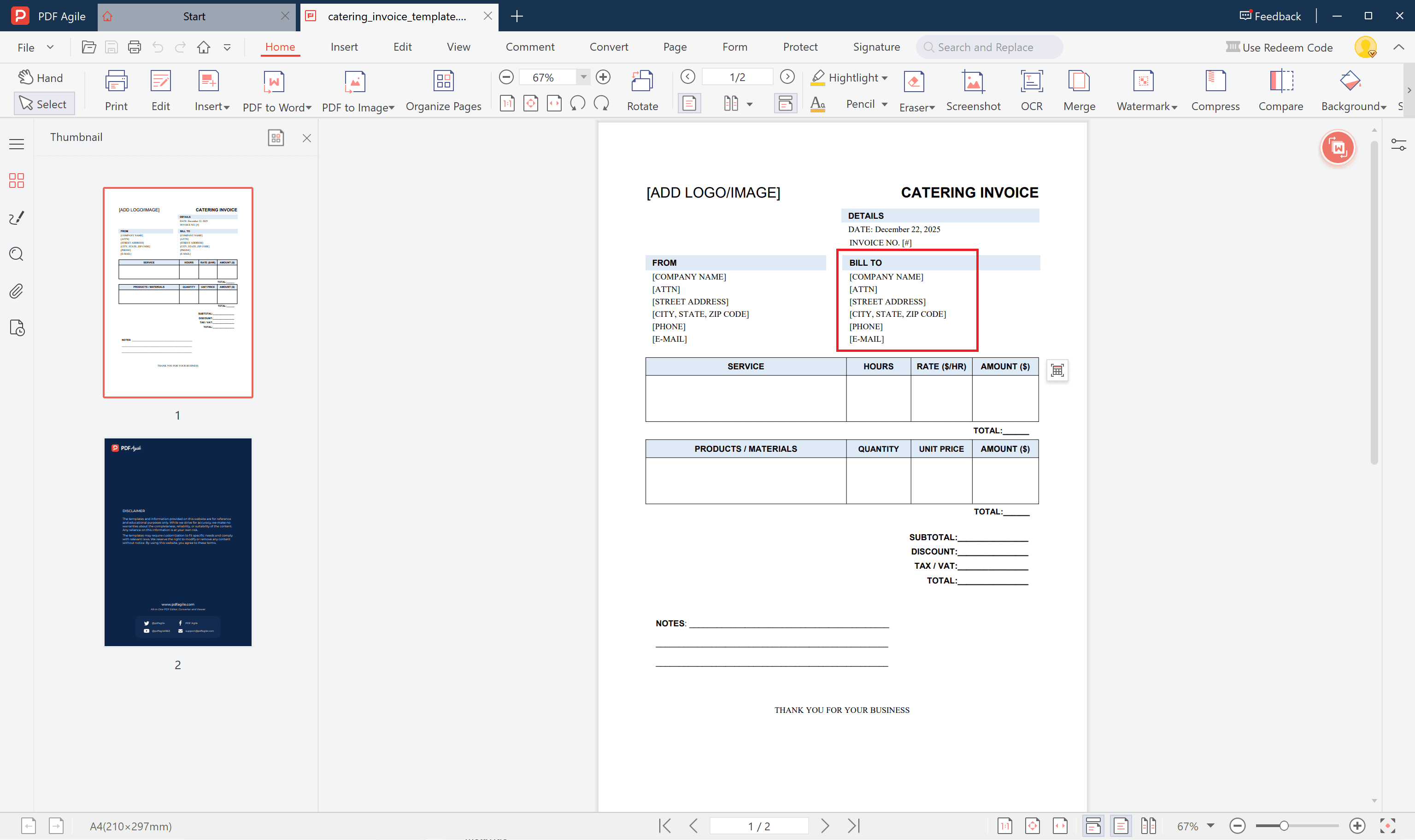catering invoice template fill in