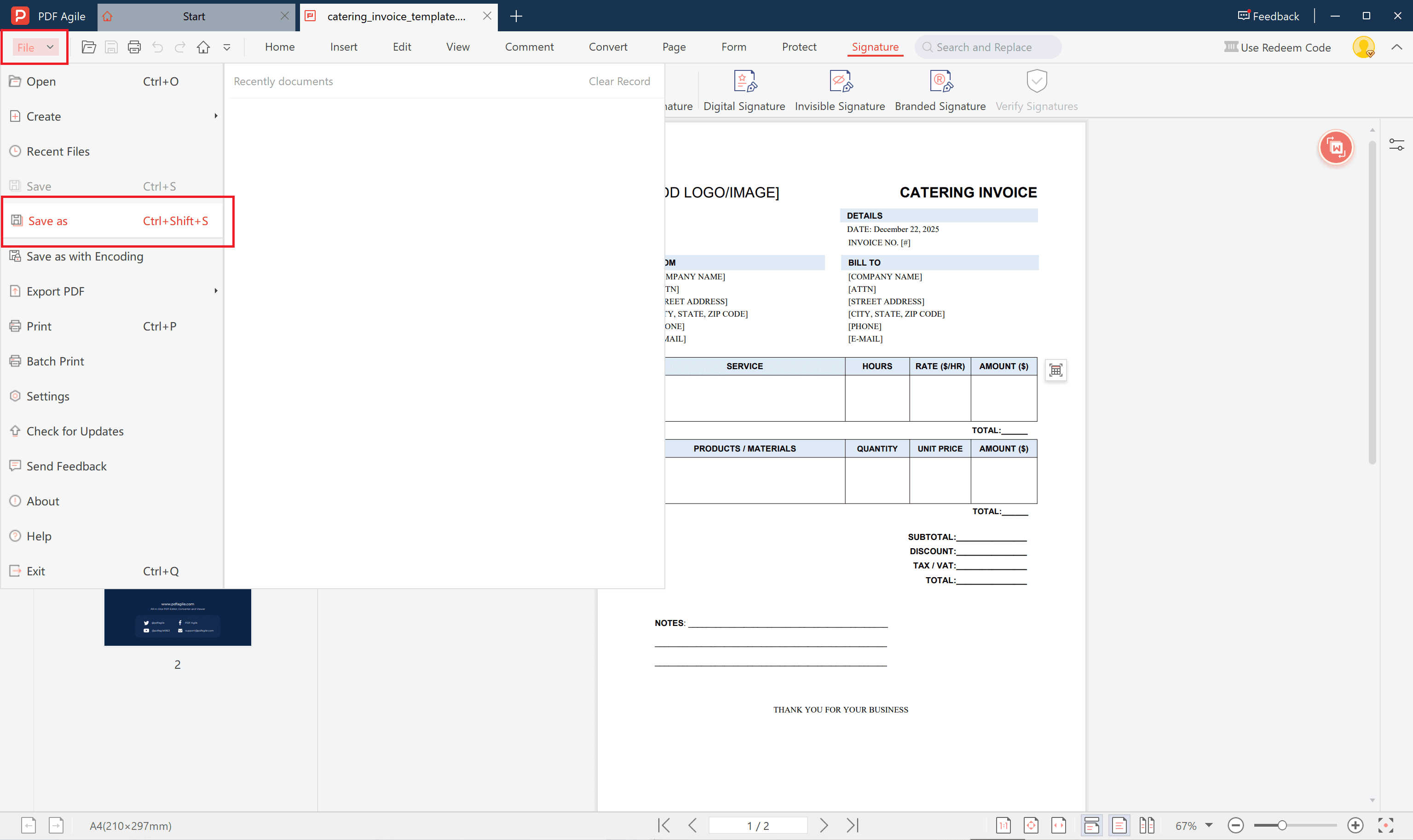 catering invoice template save