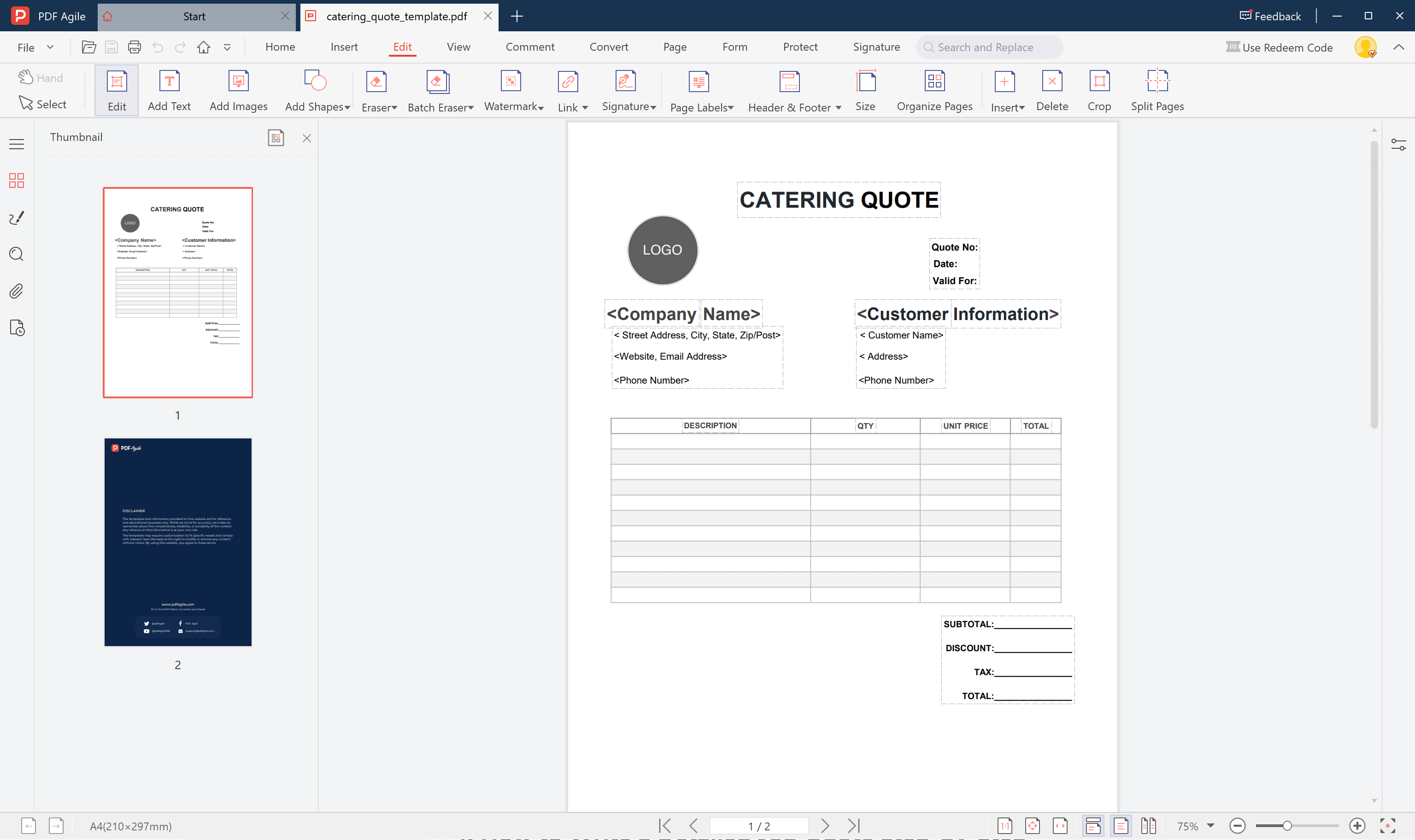 catering quote template fill in