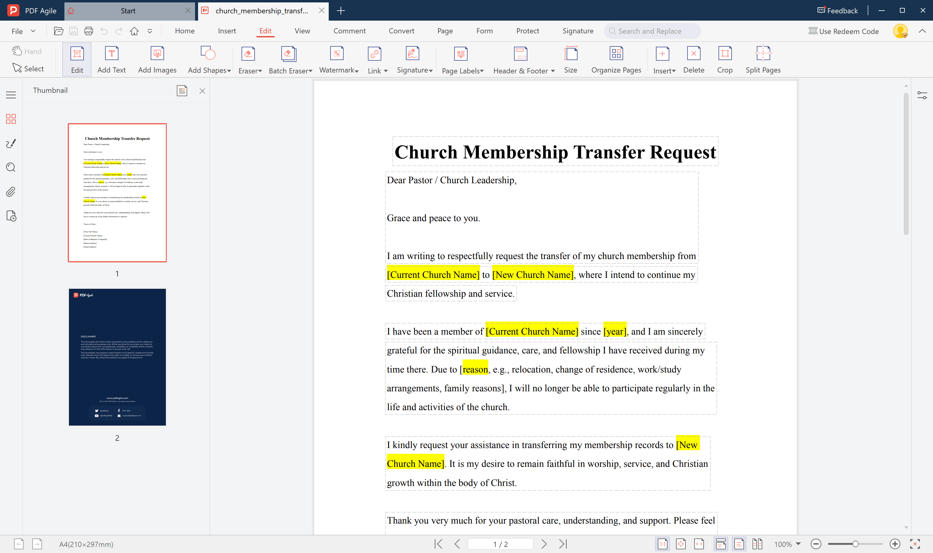 church member transfer letter