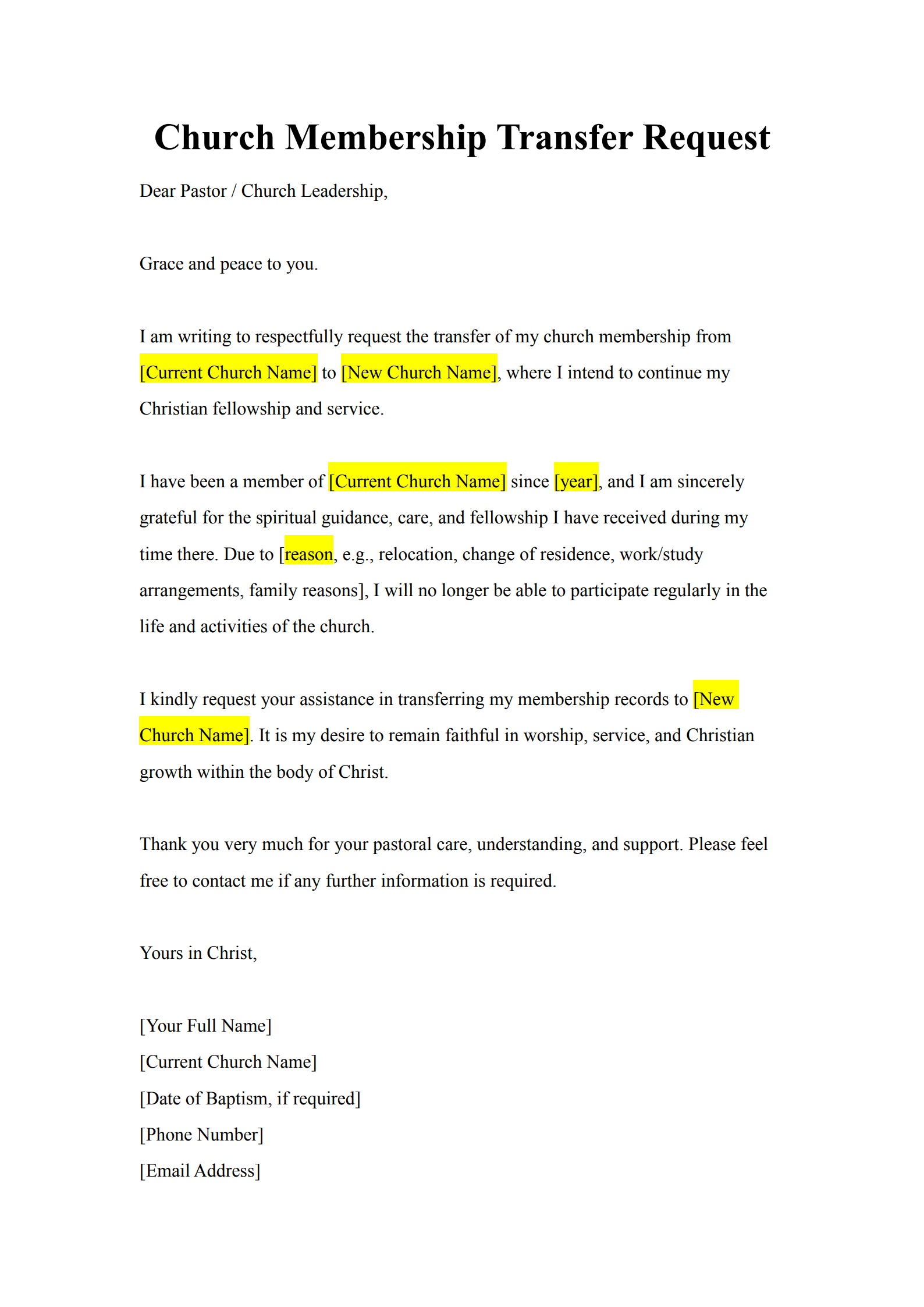 church membership transfer letter