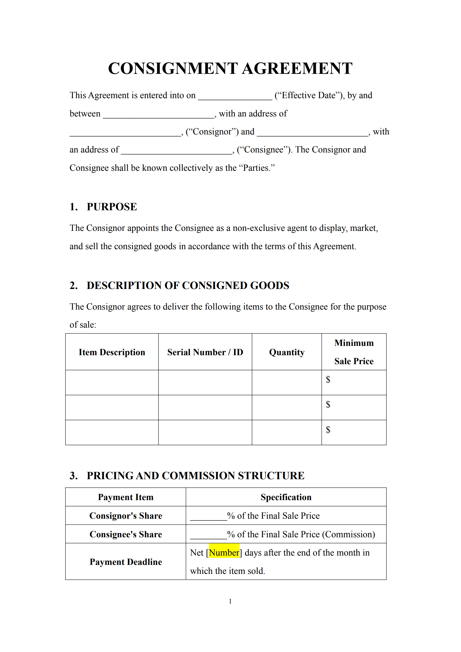 consignment agreement template 1