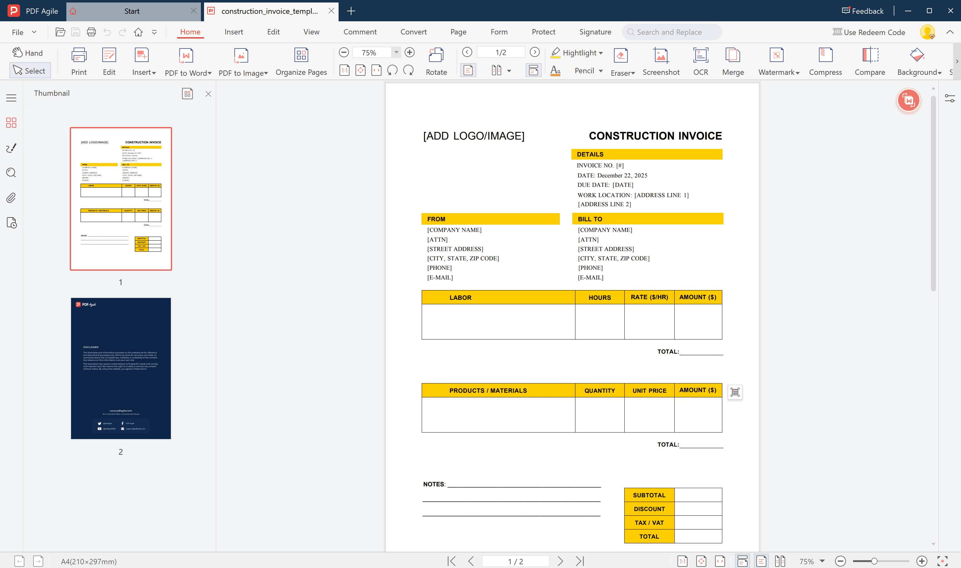 construction invoice template