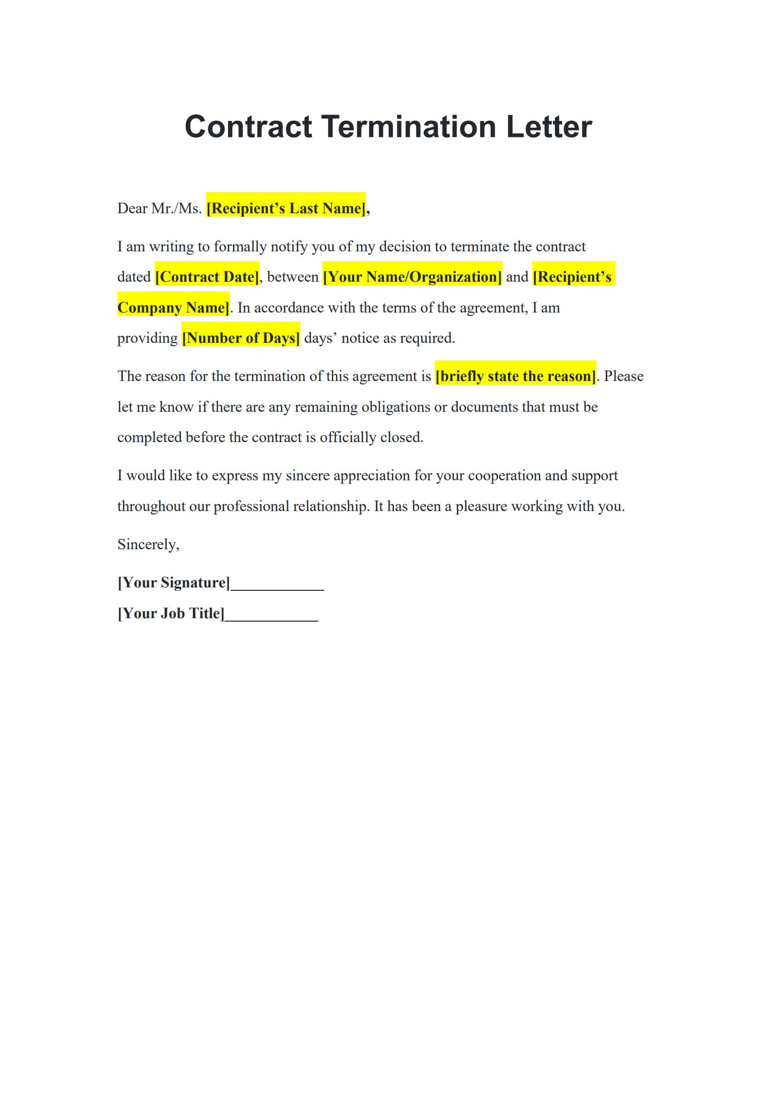 contract termination letter template