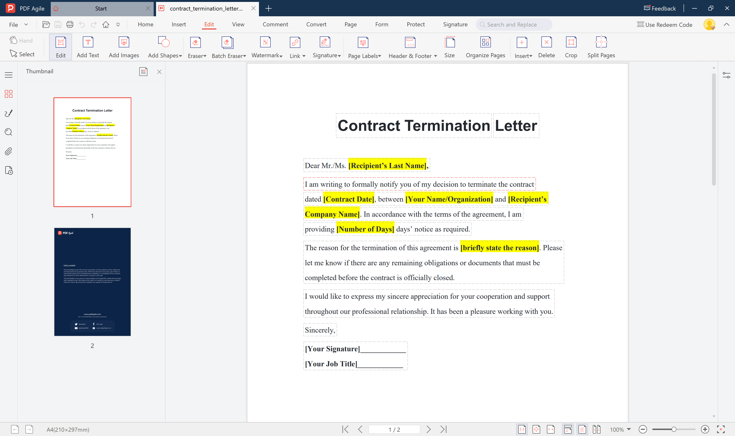 contract termination letter template fill in